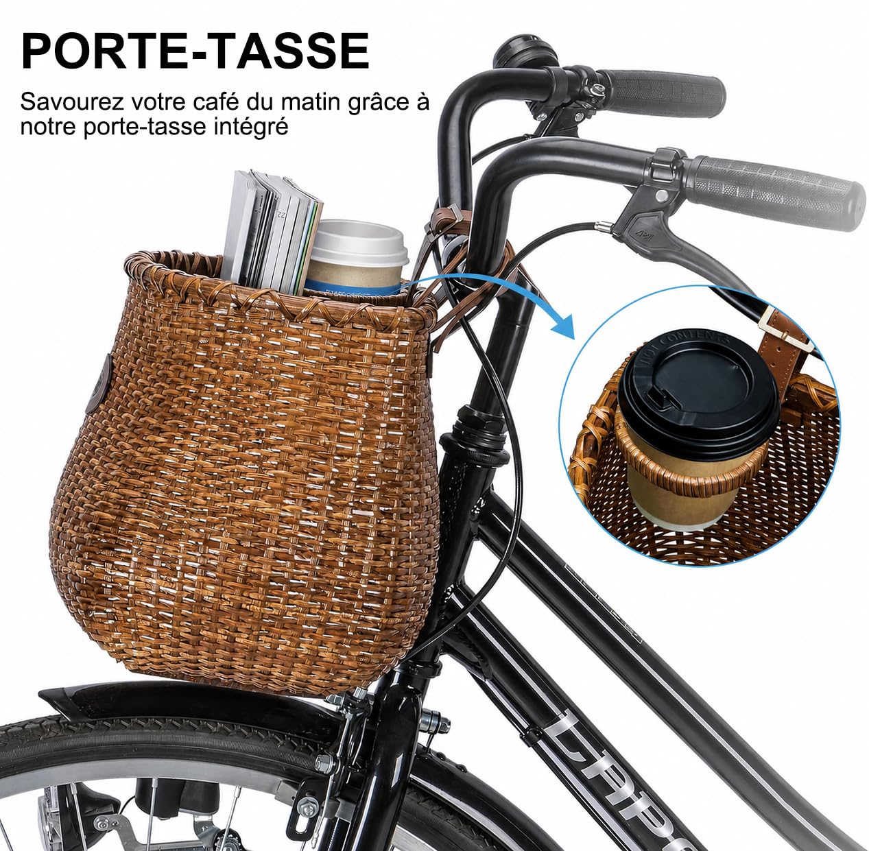 CXWXC Panier de vélo – Panier de vélo en rotin Fait à la Main pour Filles et Femmes – Panier Avant de vélo avec Porte-gobelet pour vélo de Plage, Scooter, vélo électrique