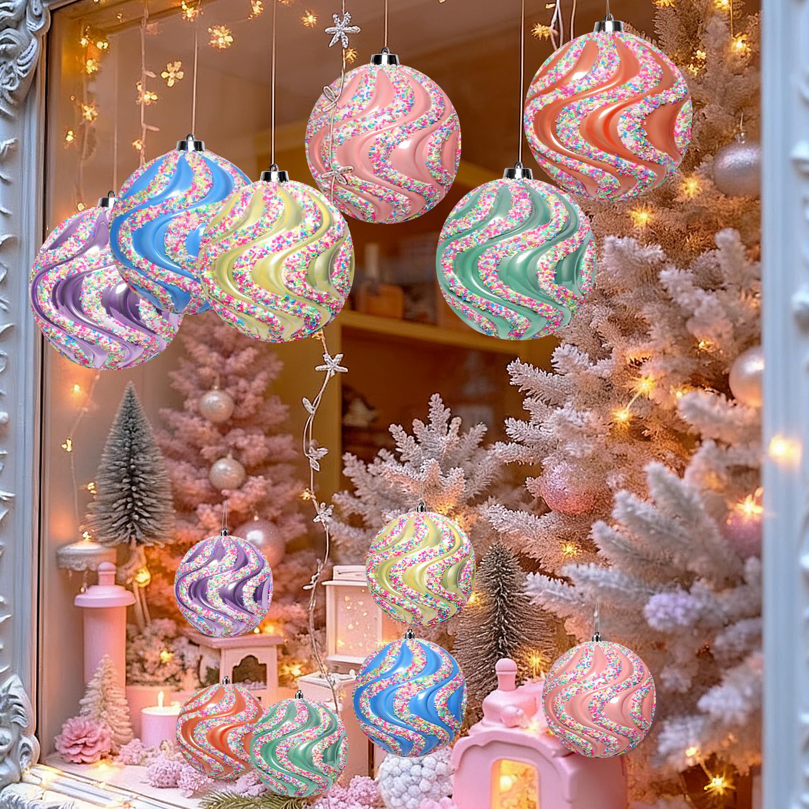 Lanpn 6 Pcs 15cm Grosse Boule de Noel Pastel Exterieur, Grande Boules Sapin Noël en Plastique, Boule Grande Incassables avec Fil Suspension, Décoration Bonbon de Arbre de Noël Jardin Pelouse Fêtes