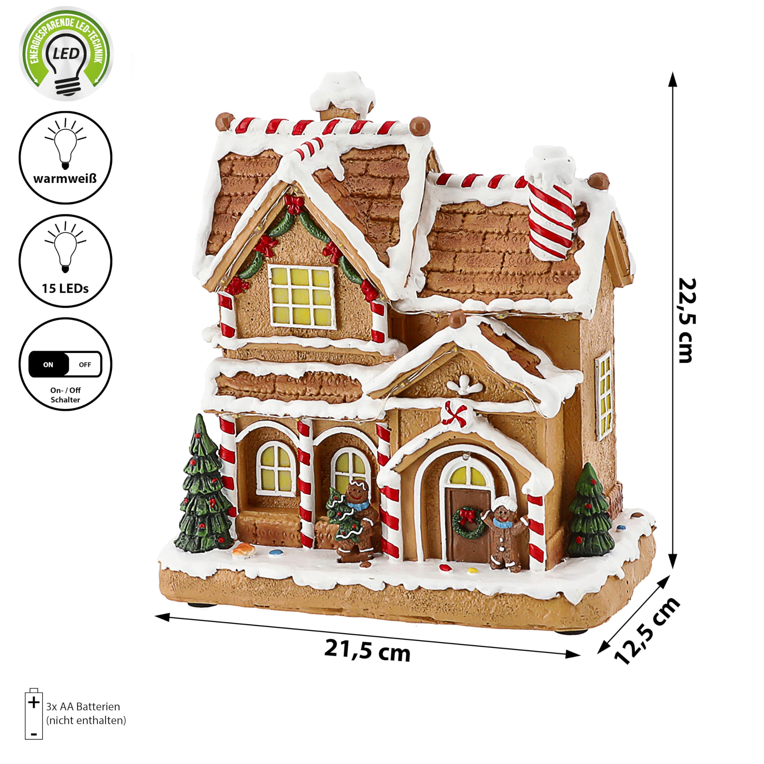 Cepewa LED Winter Haus Lebkuchen | 21,5x22,5x12,5cm Polyresin 15 warmweiße LEDs | batteriebetrieben An-/Ausschalter | Weihnachtsdekoration (1 x LED Winterhaus Lebkuchen)