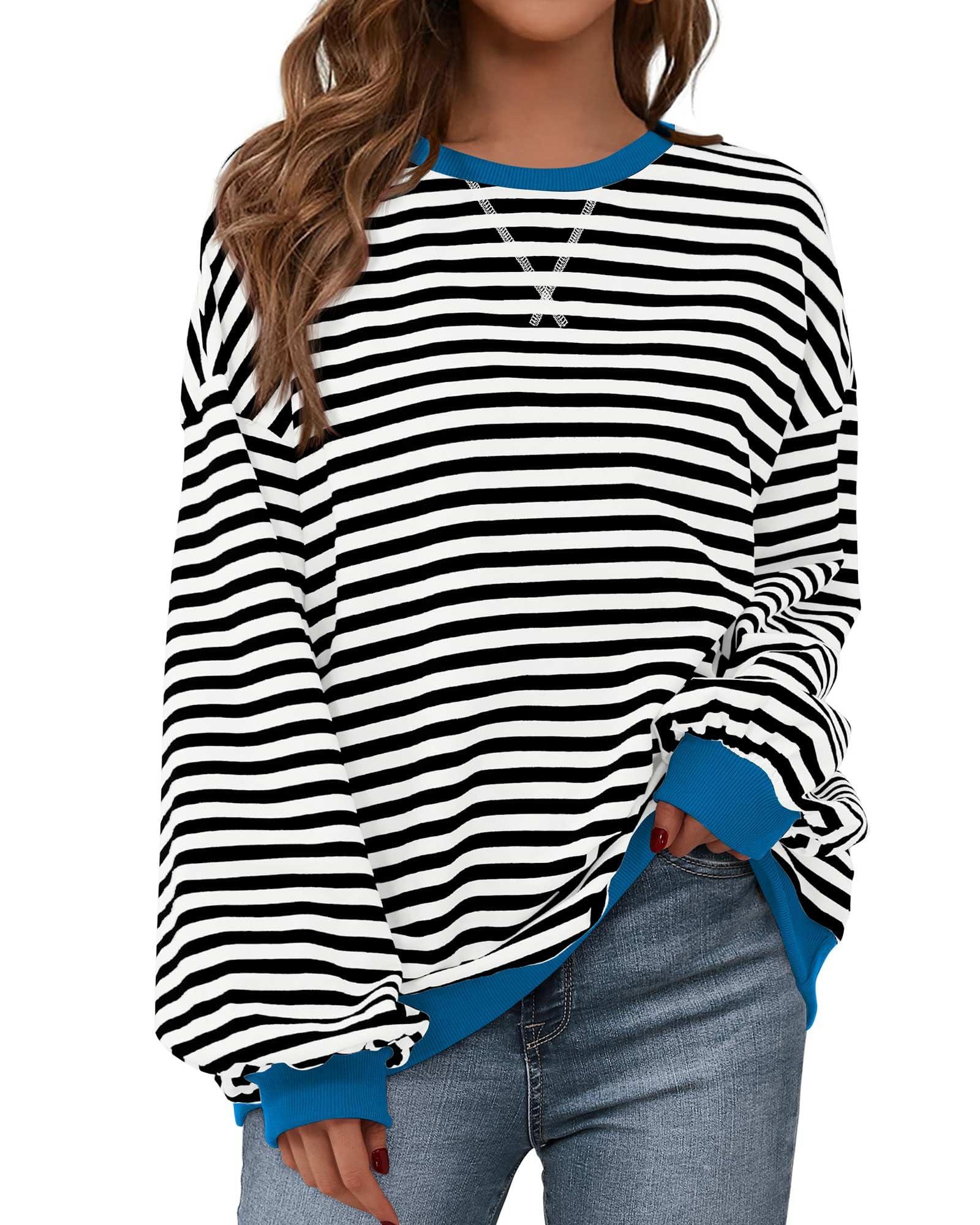 BTFBM Womens Striped Pullover Tops Spring Clothes 2026 Long Sleeve Shirts Trendy Crew Neck Loose Y2K Sweatshirts