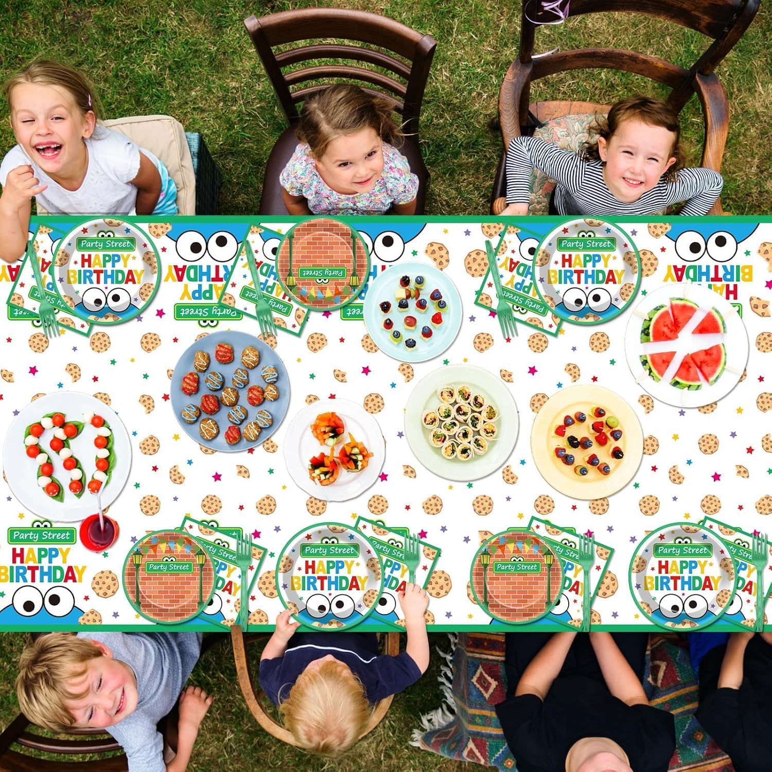 98pcs Street Theme Birthday Party Supplies Red Brick Wall Street Paper Plates Napkins Tablecloth Cookie Cartoon Friends Tableware Table Cover for Kids Baby Shower Birthday Party Decor Serve 24