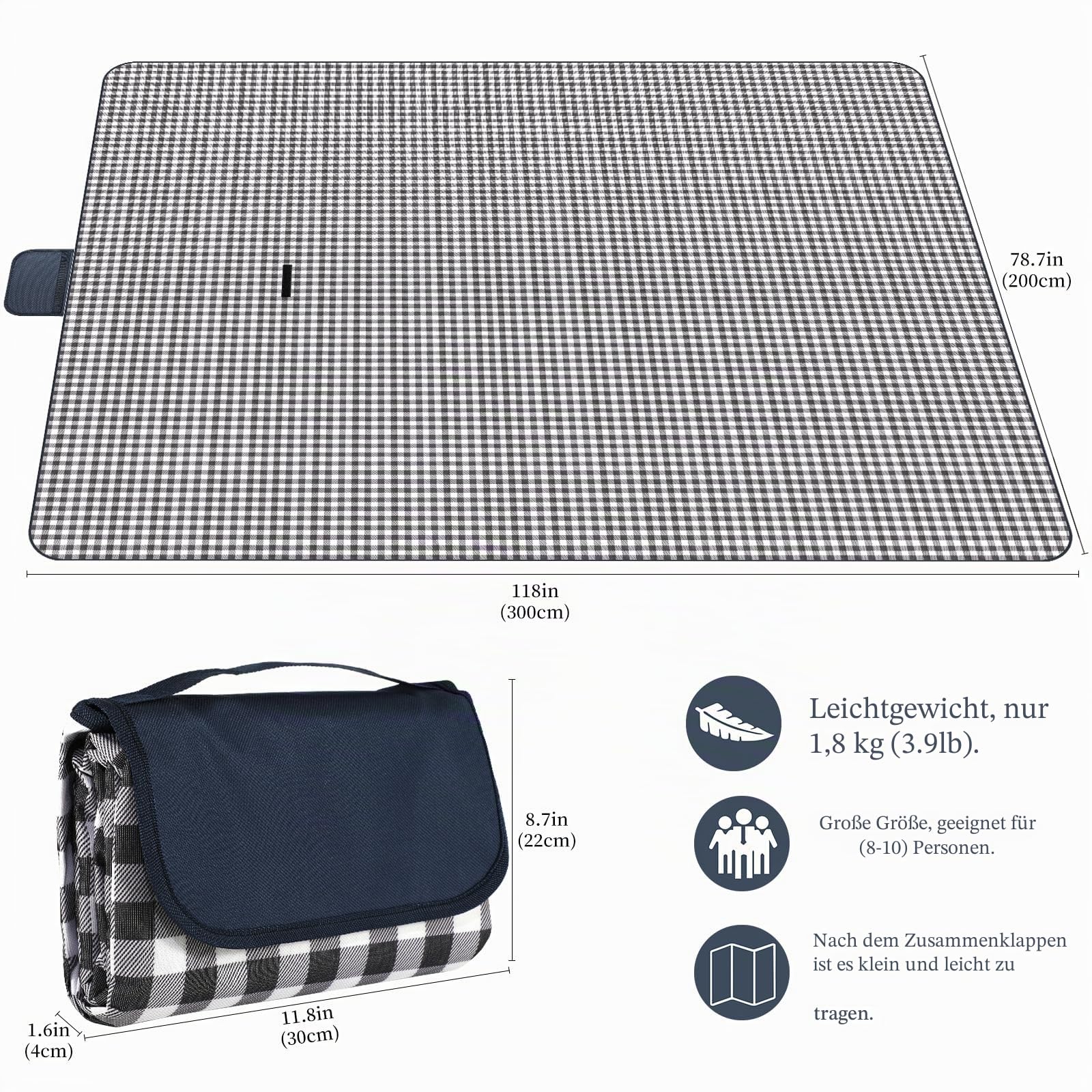 YAOMAISI Große Picknickdecke,300x200cm,große Stranddecke,Campingdecke,mit Griff,wasserdichter Boden, maschinenwaschbar,Faltbare Outdoor-Wanderdecke,Tragbar (Blaues Gitter)