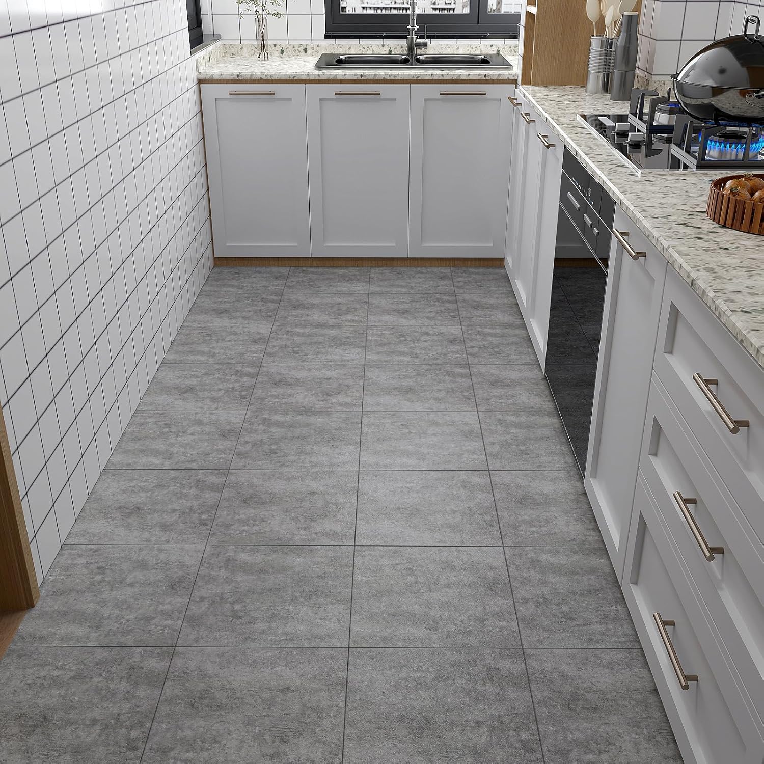 VaryStyle 18-Pack Grey Slate Peel and Stick Floor Tiles Waterproof Bathroom Tiles Vinyl Flooring Tiles 12"x12" Self Adhesive Removable Thick Stick on Floor Tile for Kitchen Bedroom Basement Flooring