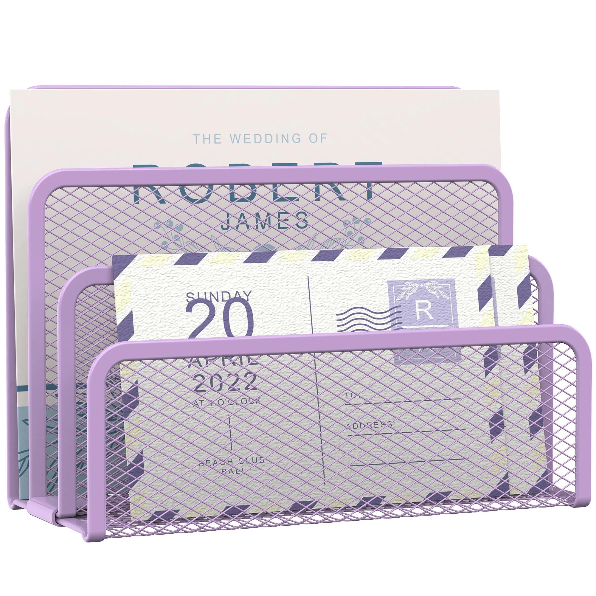 SUPEASY Mail Organiser for Desk, Mesh Metal Mail Holder Countertop with 3-Slot, Letter Sorter File Holder, Office Envelope Organiser for Mails(purple)