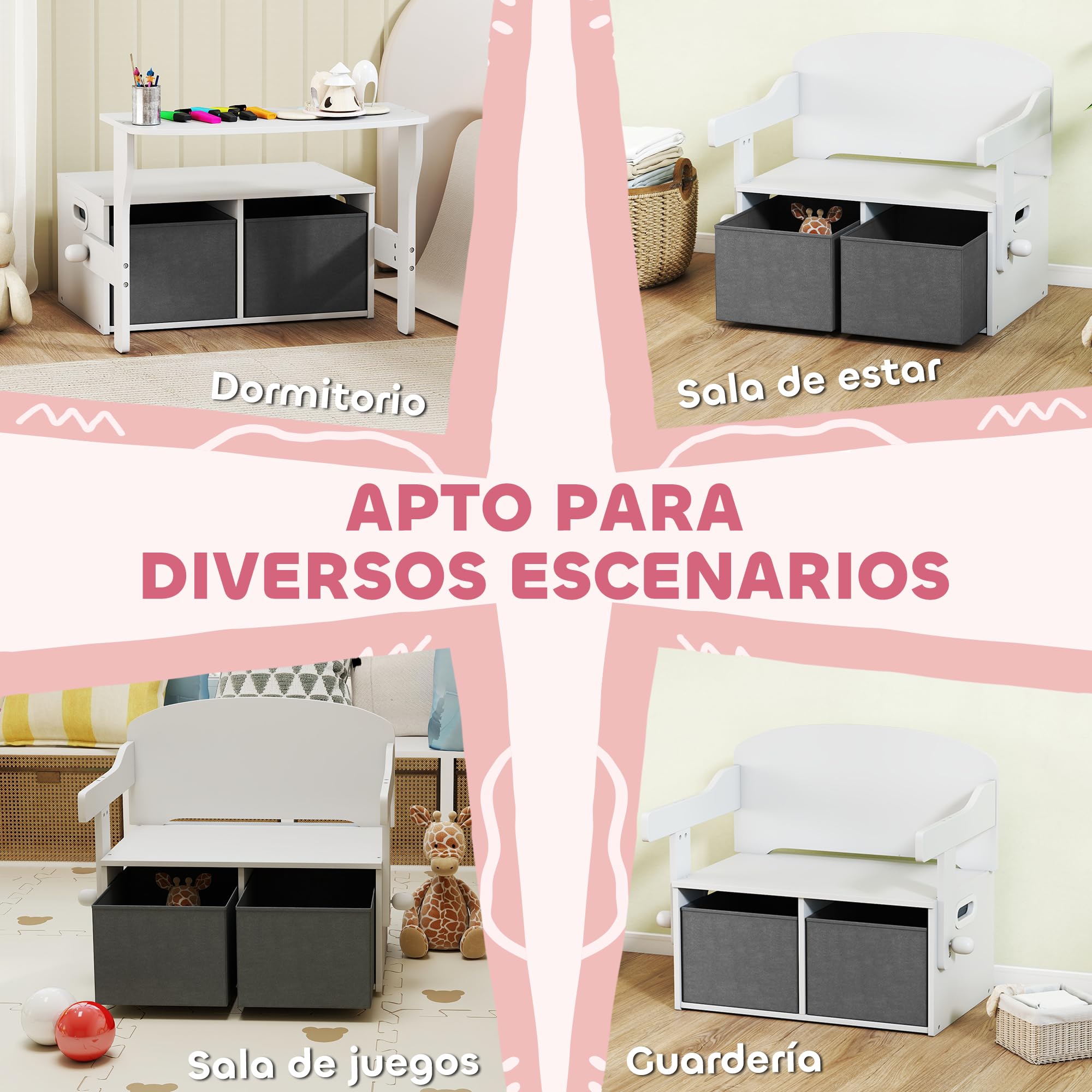 AIYAPLAY Banco Infantil Convertible 3 en 1 Baúl con Mesa 3-6 Años Blanco | Juego de Mesa y Silla, Cubos de Tela Extraíbles, Banco de Almacenaje, Mueble Multifuncional