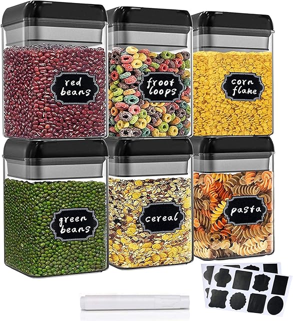 REDO Airtight Food Storage Container with Lids Sealed Leak Proof BPA Free 6PCS-0.8L Plastic Storage Containers Keep Food Fresh Dry,16Pcs Chalkboard Labels and 1 Marker Pen (Black6Pcs-0.8 L)