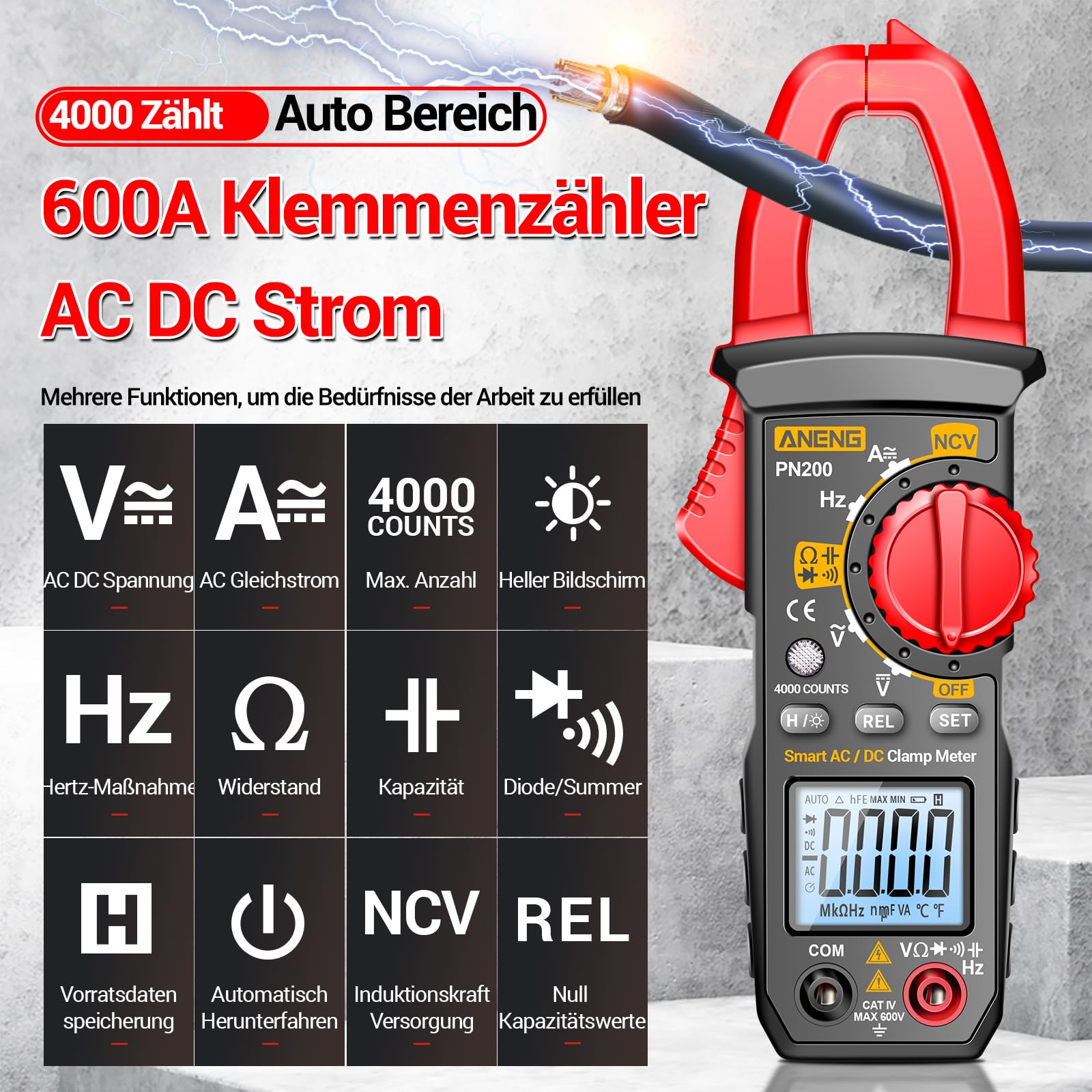 ANENG Multimeter PN200 Stromzange,4000 Counts TRMS Auto Range Strommesszange mit Wechselstrom/Gleichstrom Strom,Spannung,Widerstand,Kapazität,Durchgang,berührungslose Spannungserkennung Werkzeug