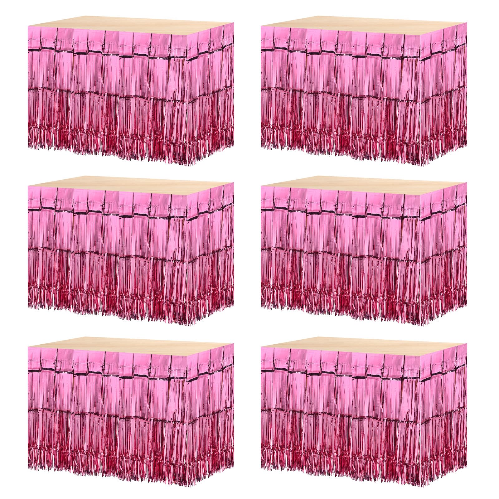 MECCANIXITY 6 Pcs 29x108 Inch Pink Metallic Foil Fringe Tinsel Table Skirts for Rectangle Tables Tinsel Backdrop Curtain for Wedding Birthday Party Decoration