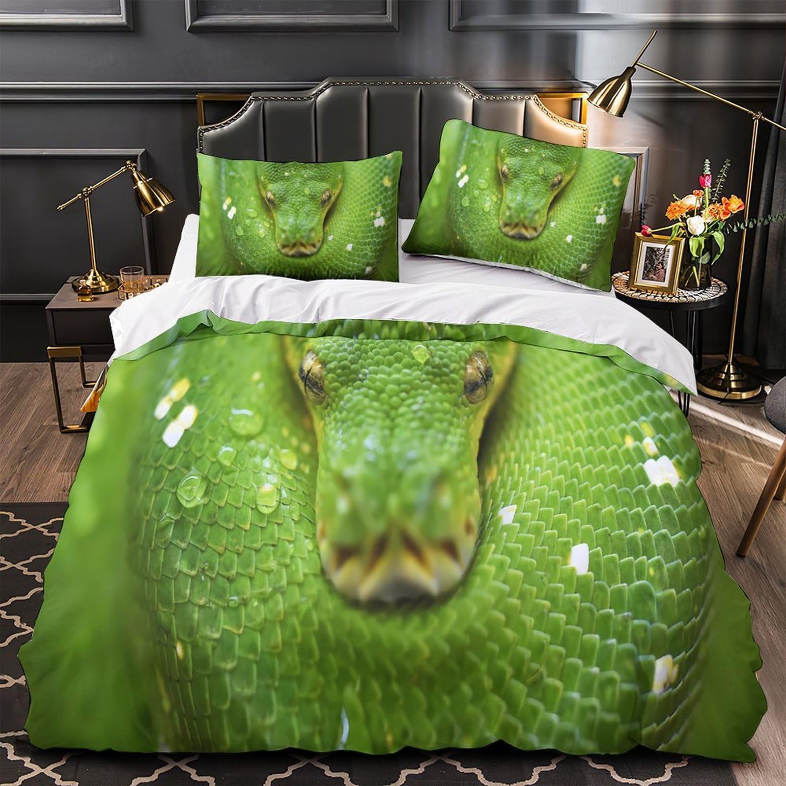 Housse de couette serpent vert 3D pour transformer la décoration de chambre d'un adolescent