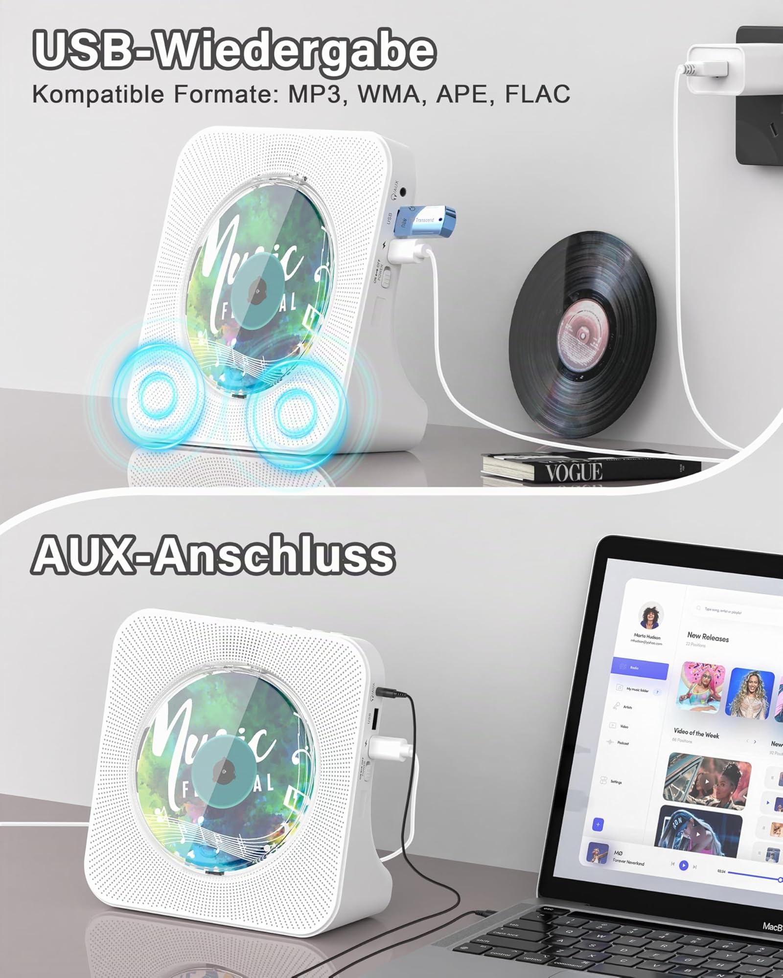 Greadio CD-Player Tragbar mit Bluetooth 5.0,CD-Musik-mit Fernbedienung,HiFi-Sound-Lautsprecher,Staubschutz,LED-Bildschirm,FM-Radio,unterstützt AUX/USB,Kopfhörerbuchse für Geschenk,Zuhause (Weiß)