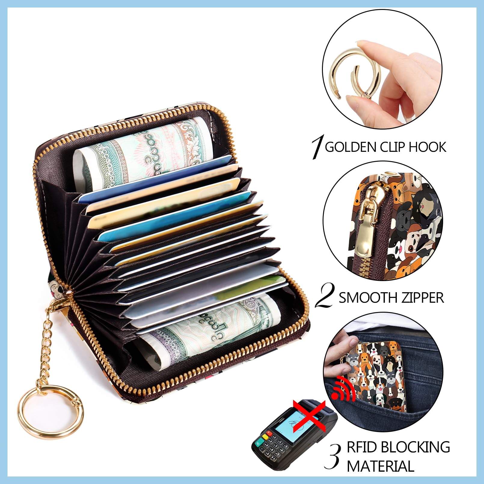 Blusabaca Credit Card Holder for Women, Gothic Floral Small RFID Wallet with Zipper, Card Keychain Wallet, Leather Wallet Card Case, Business Accordion Wallet Gift