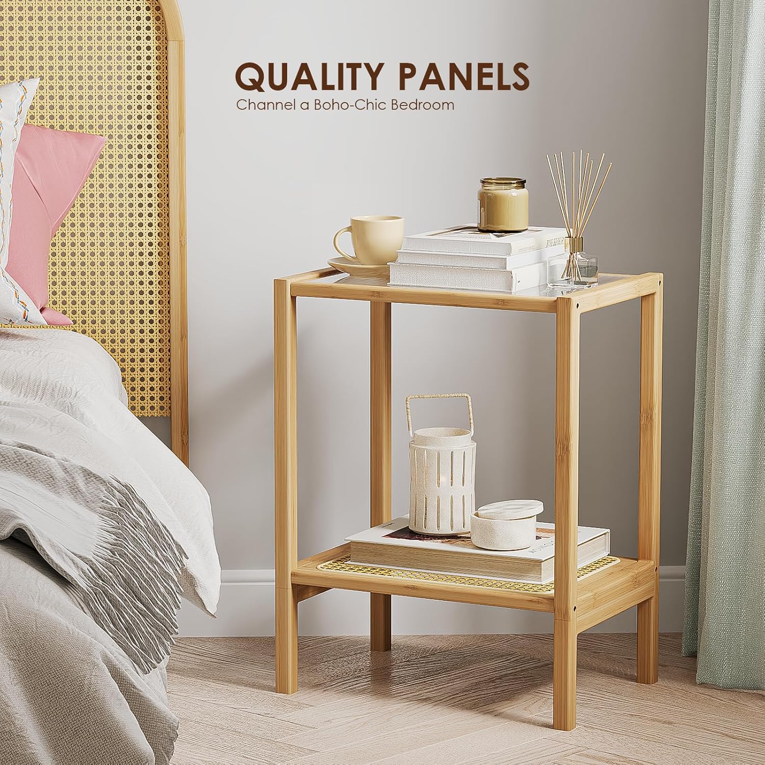 Bamworld Side Table Nature Rattan Night Stand Glass End Table 2-Tier with Storage Boho Bedside Table for Small Spaces Bamboo Coffee Table for Bedroom Living Room