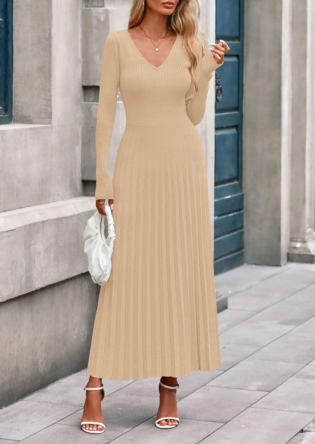 PRETTYGARDEN Women Sweater Dress Fall Fashion 2026 Long Sleeve V Neck Ribbed Knit Pleated A Line Elegant Maxi Winter Dresses - Image 7