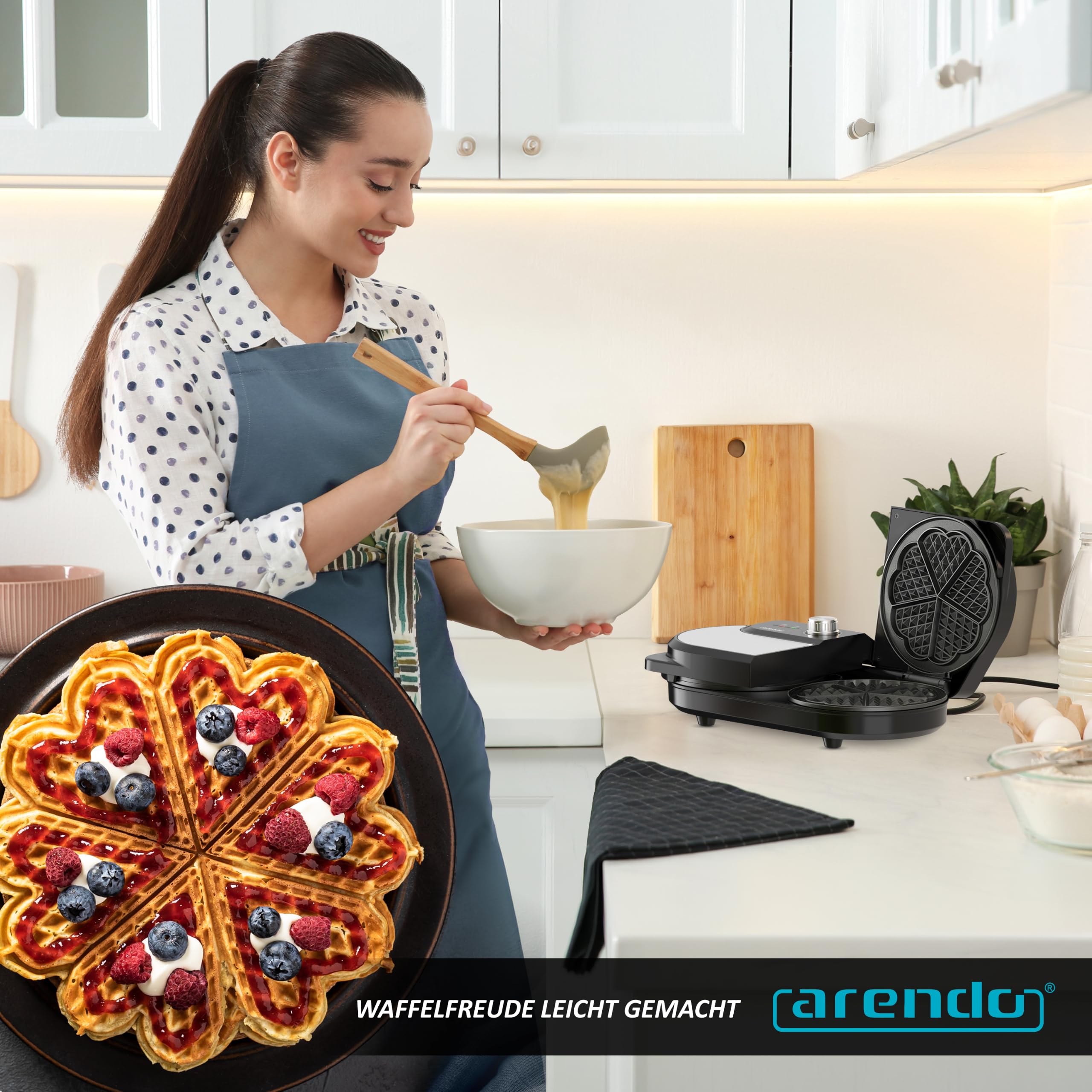 Arendo - Waffeleisen doppelt - Herzform - 2 Zonen - Temperaturregler - Antihaftbeschichtung – 1400 W - Edelstahl - silber/schwarz - BPA frei