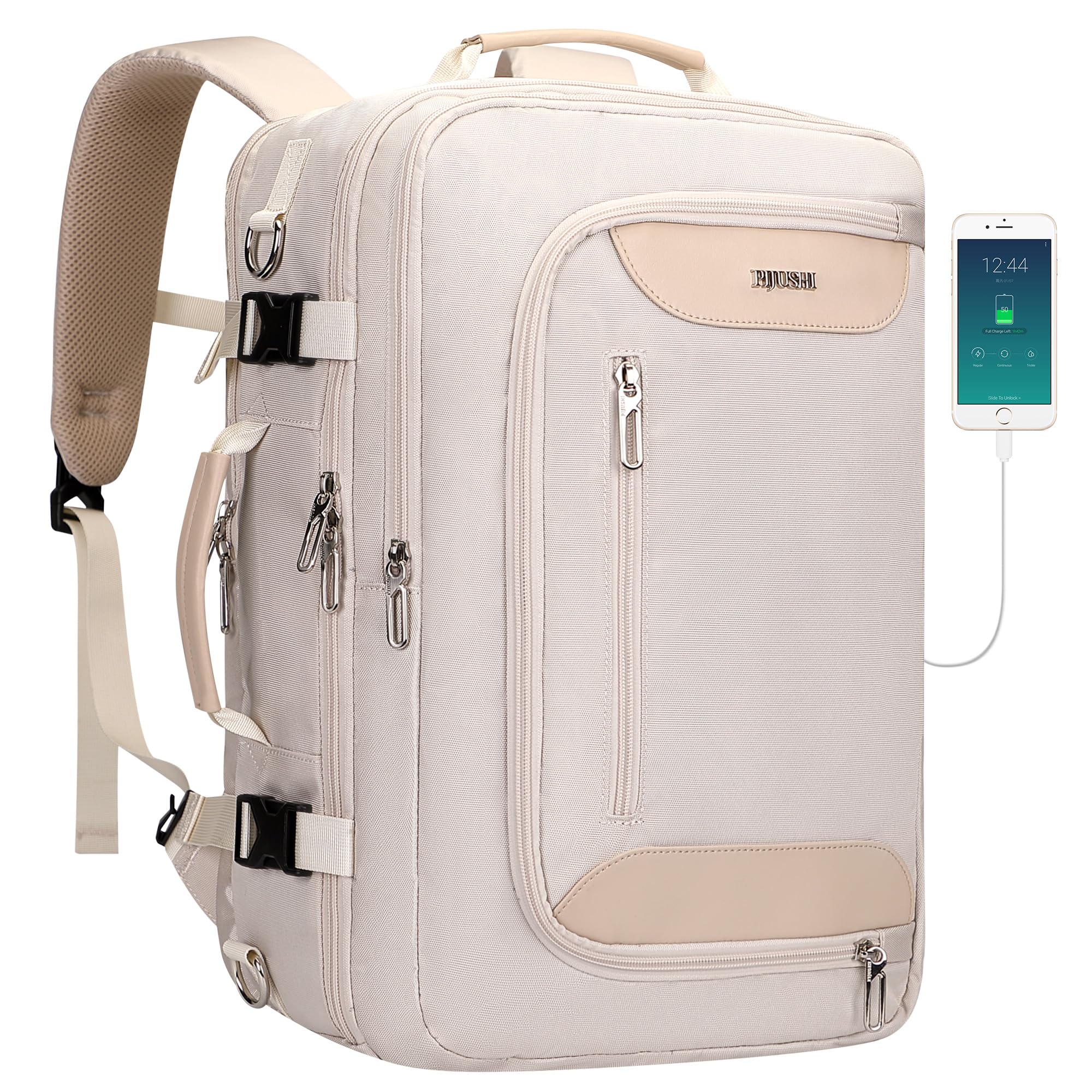 PIJUSHI Travel Backpack for Women Flight Approved Carry on Bag 16 inch Laptop Personal Item Daypack with Shoe Compartment(PE038 Beige)