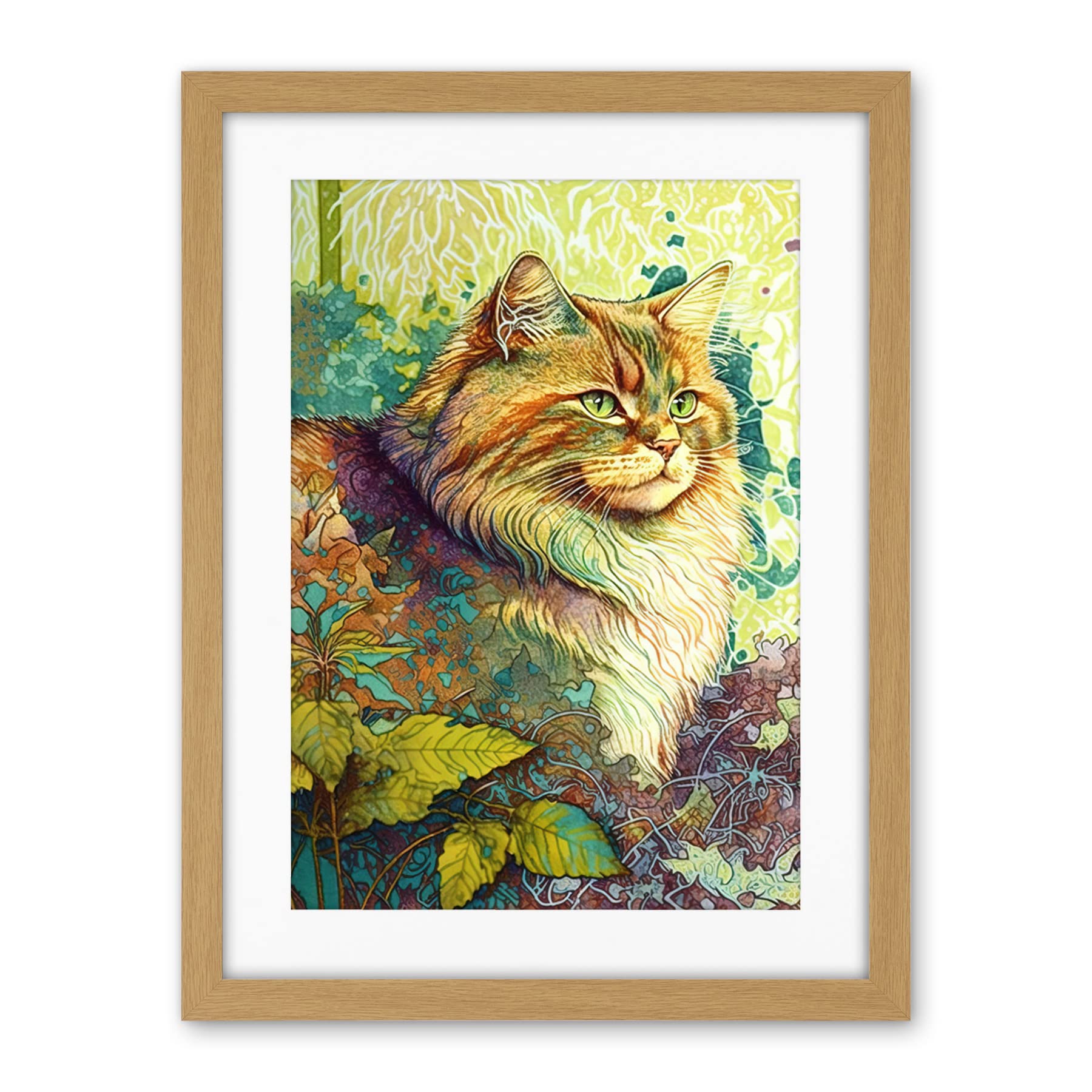 Artery8 Siberian Cat in Nature Vibrant Colourful Modern Portrait Illustration Artwork Framed Wall Art Print 18X24 Inch