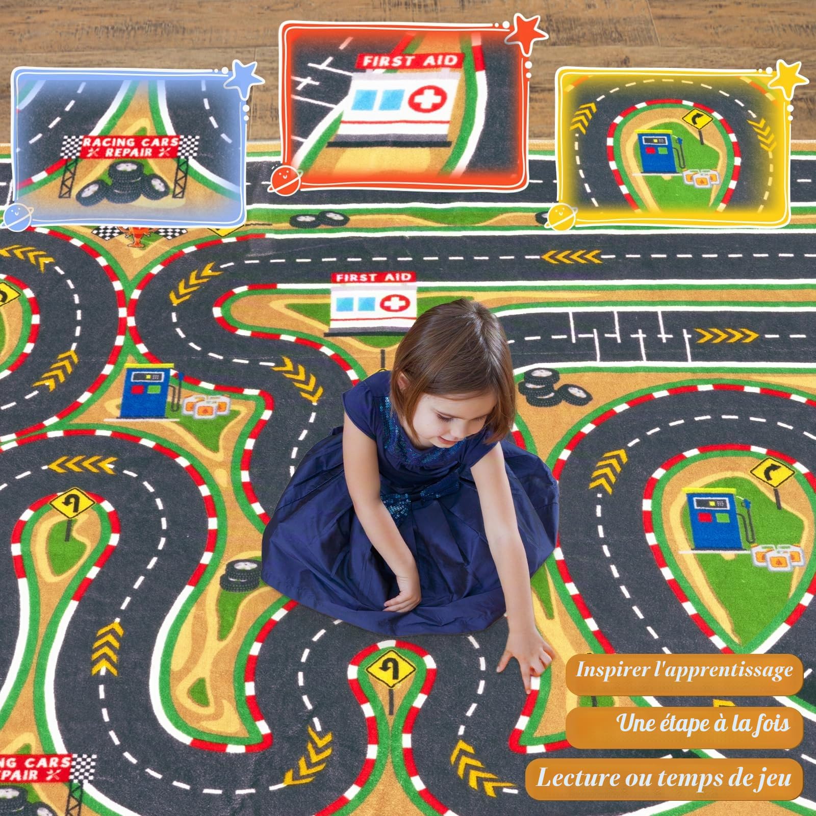 Tapis de course de voiture, doux et antidérapant, lavable en machine, parfait pour les jeux éducatifs, l'apprentissage, la découverte, pour chambre d'enfant, salon, étude, salle de jeux, 120 x