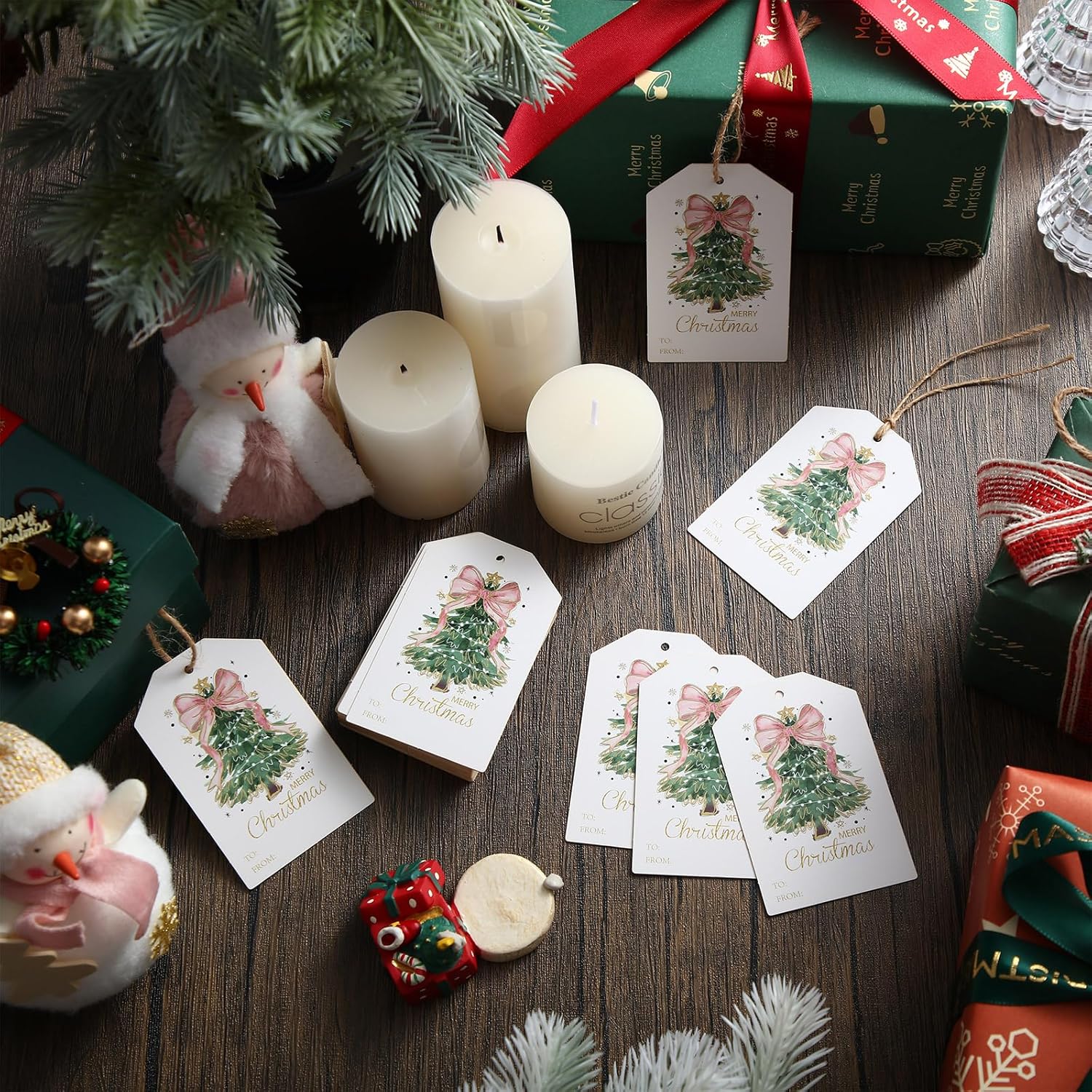 Teling 50 Pcs Christmas Gift Tags with String Pink Bow Merry Christmas Paper Gift Tags Xmas Hanging Label for Happy Holiday for Presents, Modern Paper Xmas Label(Pink Bow) - Image 7