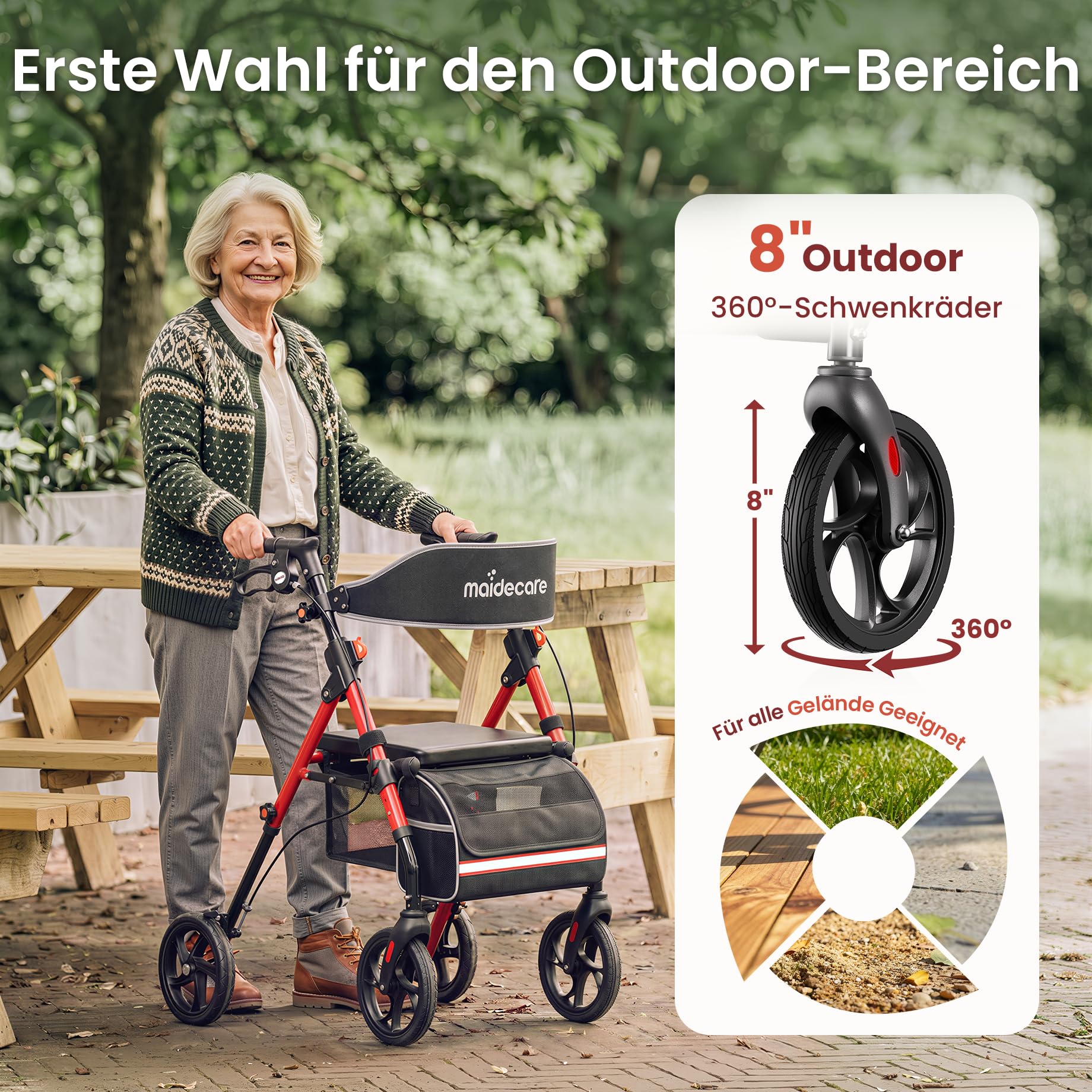 Rollator Faltbar und Leicht mit Sitz, Rollatoren für Senioren Klappbar, Schmal für Wohnung, Outdoor Walker, 20cm Reifen für All Gelände, 6-fach höhenverstellbar Griff, Aluminium, Rot