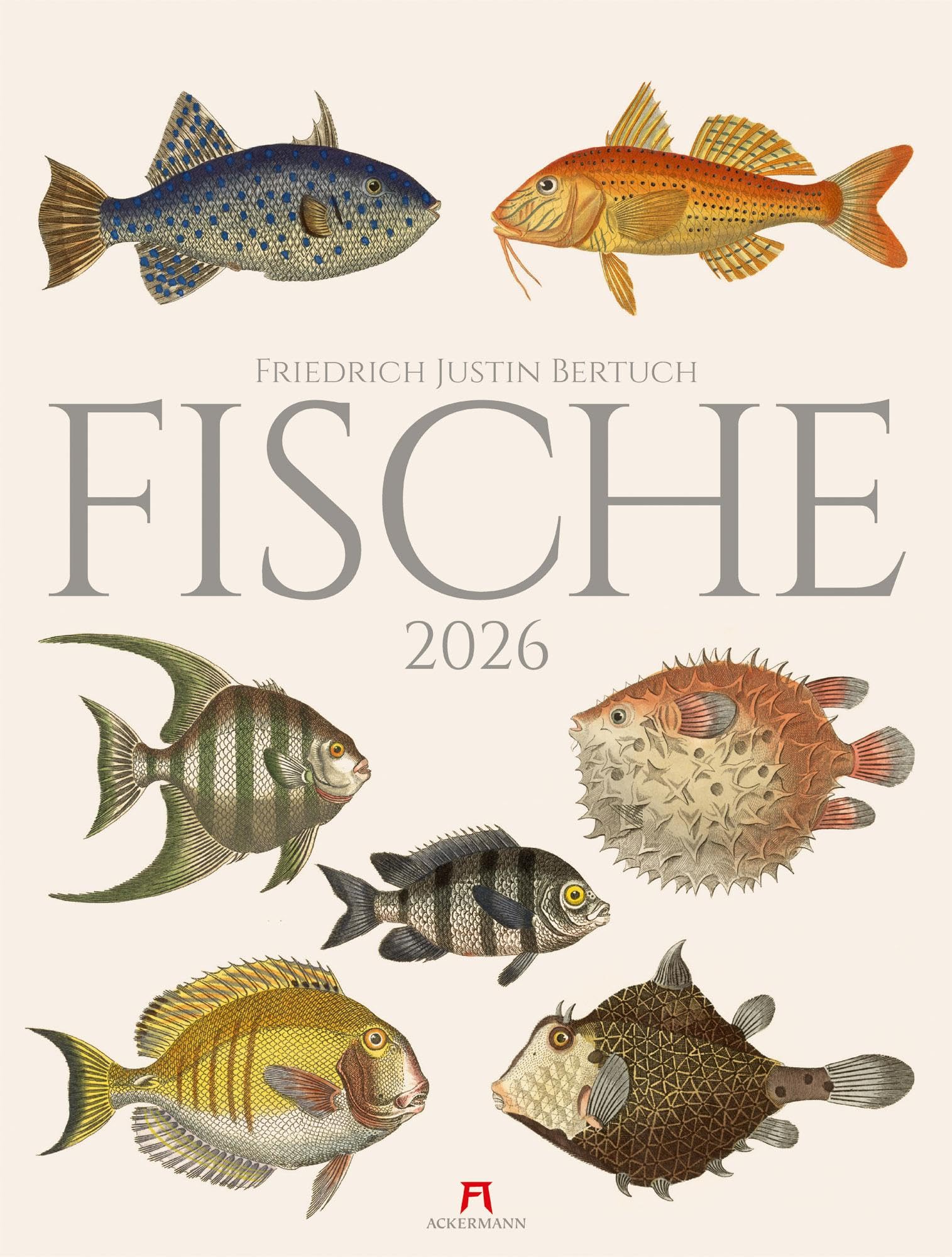 Fische Kalender 2026 | Dekorativer Retro-Kalender im großen Hochformat (50x66 cm) | Historische Tier-Illustrationen von Friedrich Justin Bertuch