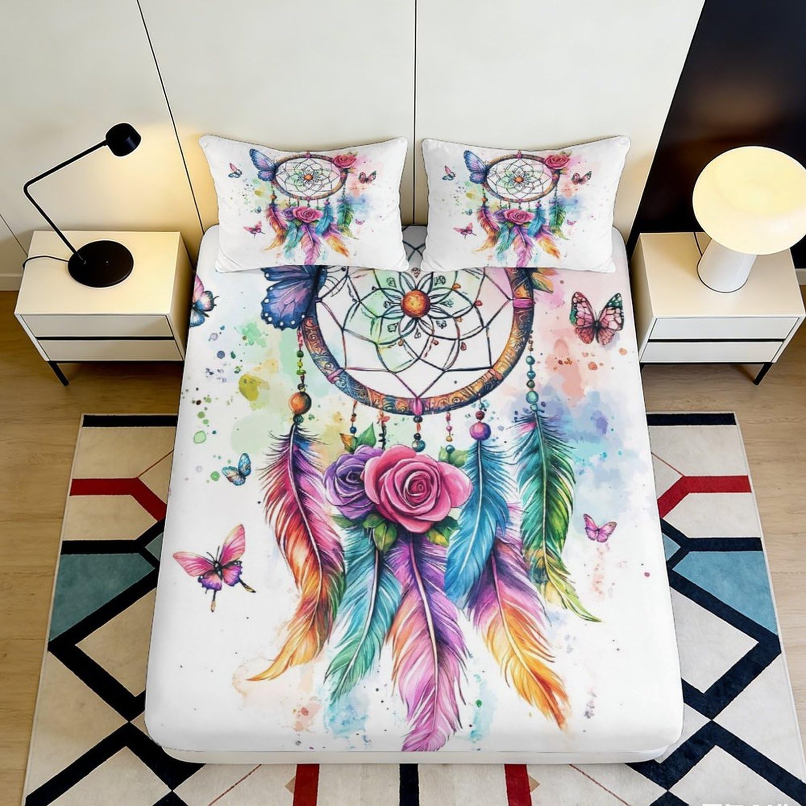 3D Printed Dreamcatcher Feather Fitted Sheet Microfiber Soft Durable Floral Bed Cover for Bedroom Dormitory Guest Room Mattress Protection 180x200x25cm