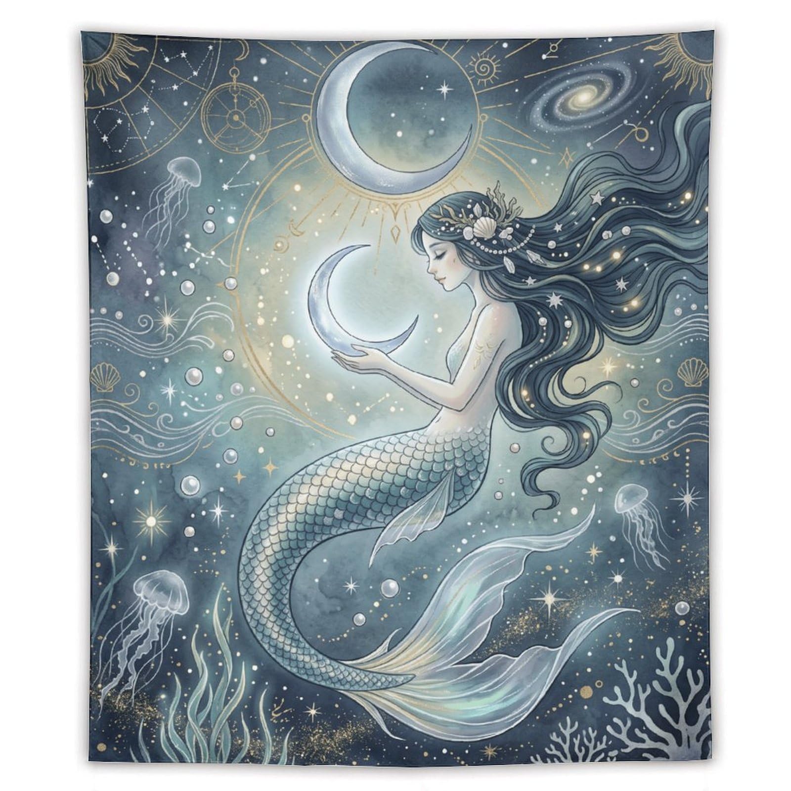 H3B8U2Y5 Moon Mermaid Cosmic Ocean Wall Tapestry, Room Divider