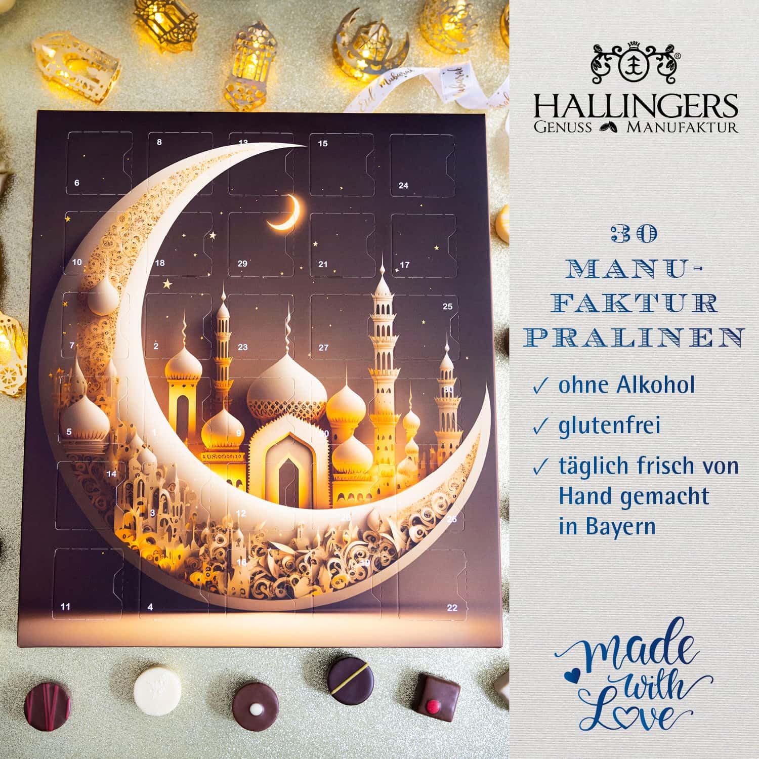 Hallingers Genuss Manufaktur Pralinen Halal Ramadan - ohne Alkohol, handmade aus Edelkakao in wertigem Softfeel-Karton "Ramadan - Kareem", Kareem Maburak für Frauen Männer