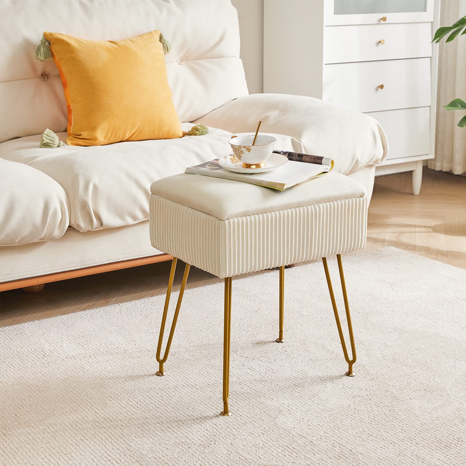 YMYNY Taburete de Terciopelo, Otomana de Almacenamiento, Soporte de Metal, Banco de Tocador para Maquillaje, Salón y Dormitorio - 40×29.5×48CM Beige HBD024M