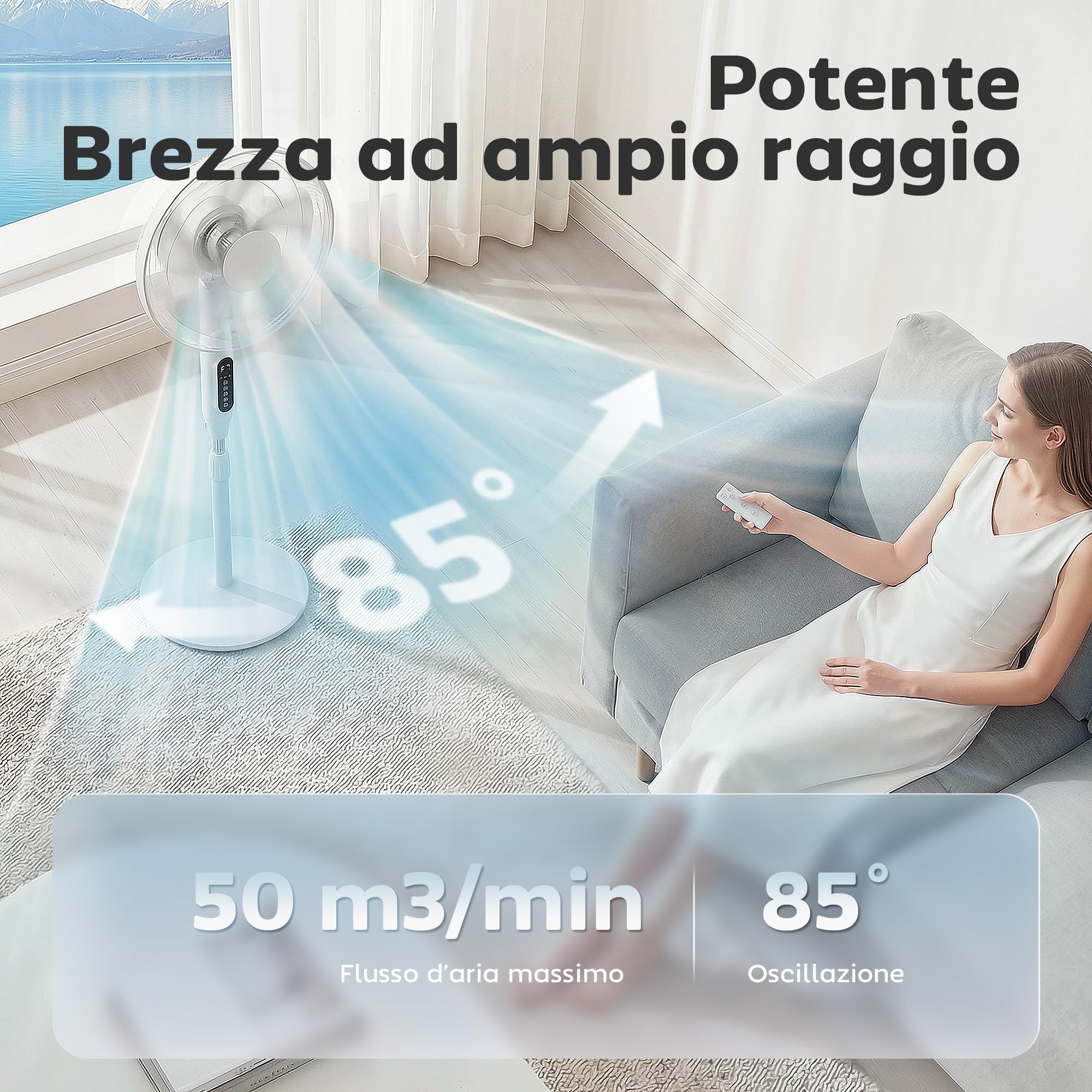 HOMCOM Ventilatore a Piantana 45 cm con Telecomando, 3 Velocità, Altezza Regolabile, Timer 15h, WIFI Controllo, Oscillante, Ventilatore da Terra per Camera, Bianco