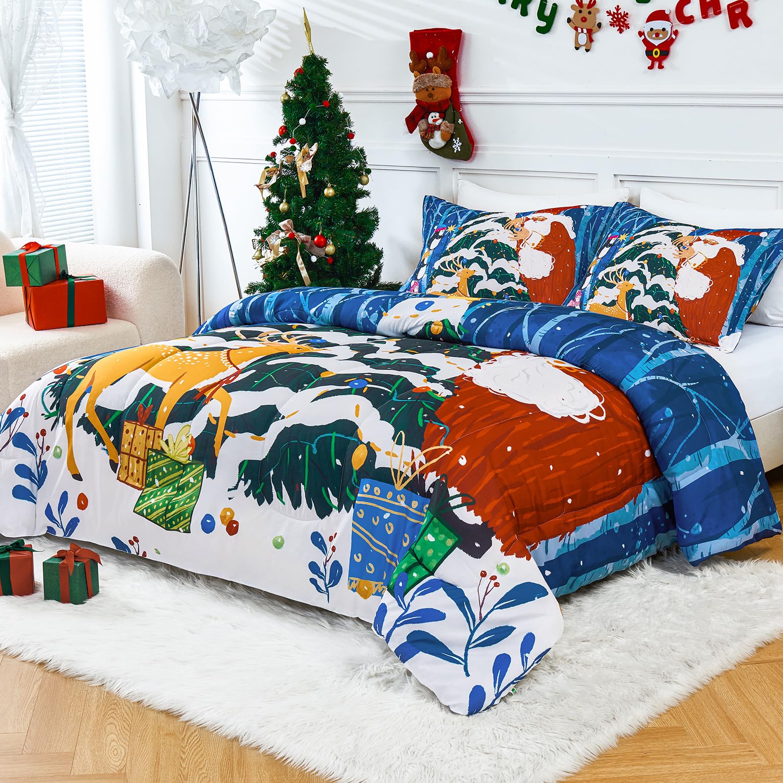 YIYEA Christmas Twin Comforter Set for Girls Boys, Cute Kids Comforter with Pillowcase, Ultra Soft Brushed Microfiber Christmas Bedding Comforter Sets, Suit for All Season, Machine Washable