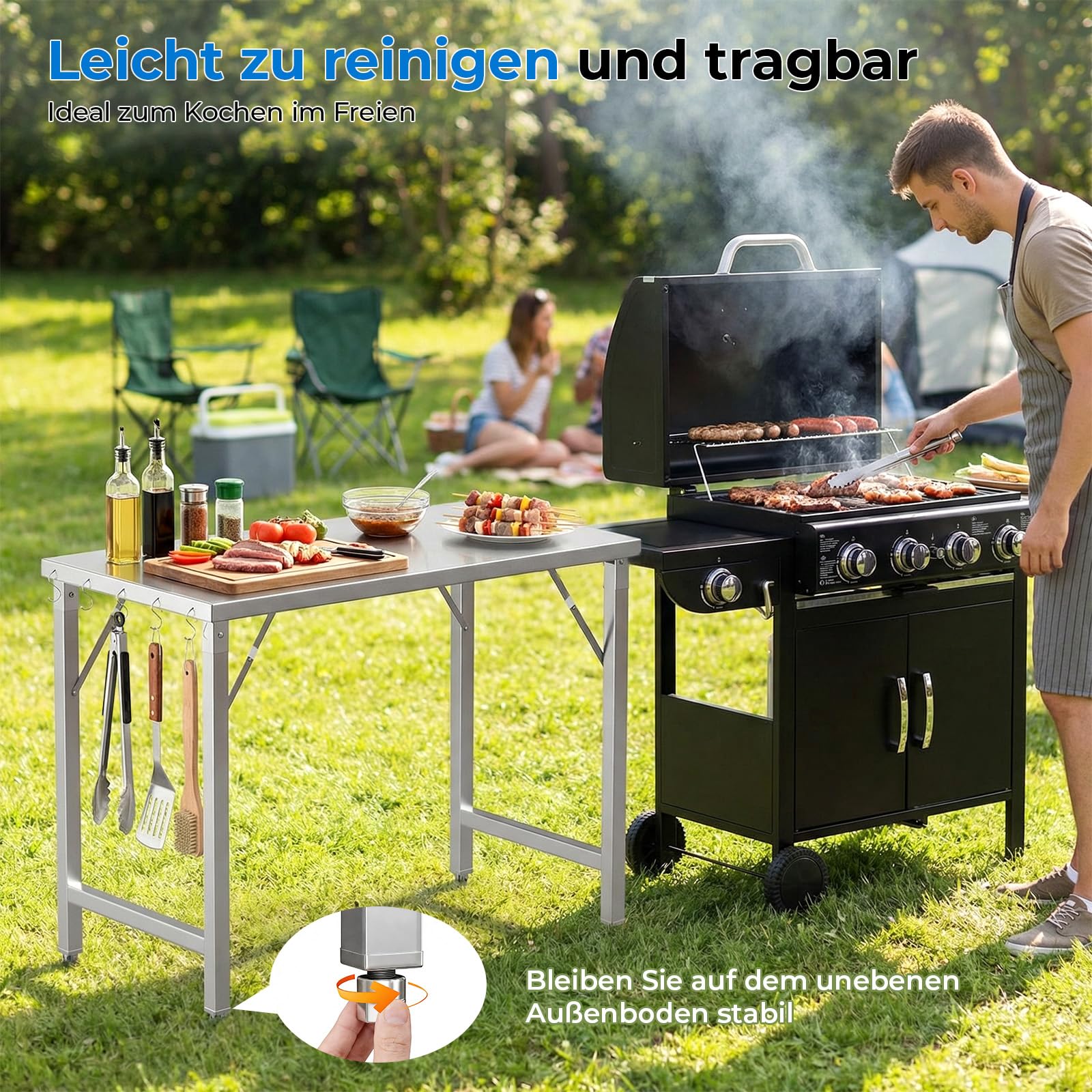TLSUNNY Edelstahl Arbeitstisch Klappbar 120x60 cm, Edelstahl Klapptisch Outdoor mit 5 Haken, Höhenverstellbare Füße, Tragkraft 250kg, Gastro Küchentisch Grilltisch, Zubereitungstisch, Tisch für Küche