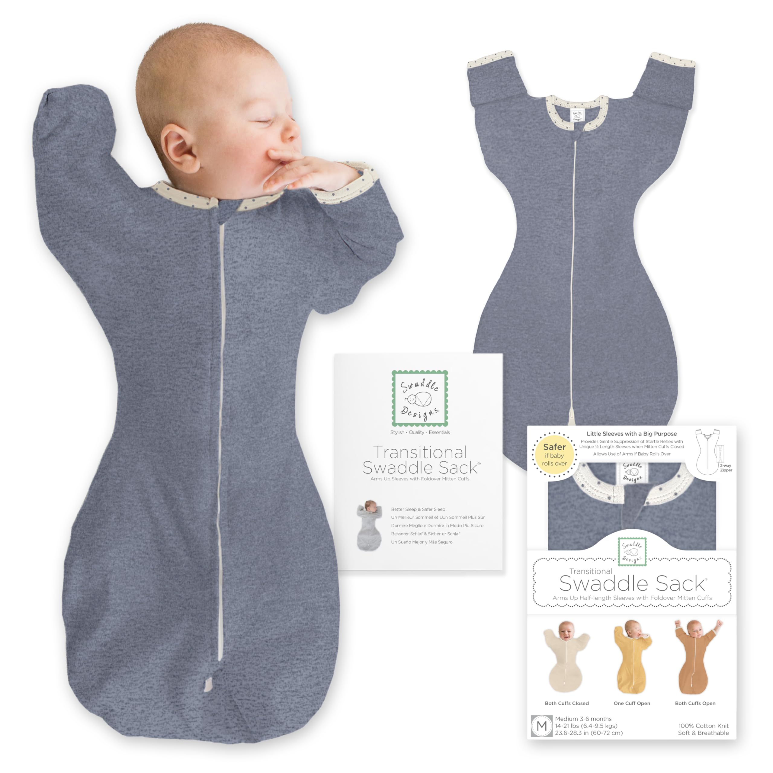 SwaddleDesigns Przejściowa kieszeń z ramionami do półdługich rękawów i mankietami z rękawiczek, wrzosowy dżins w kropki, mały, 0-3 MB, 6-15 funtów (lepszy sen, przejście