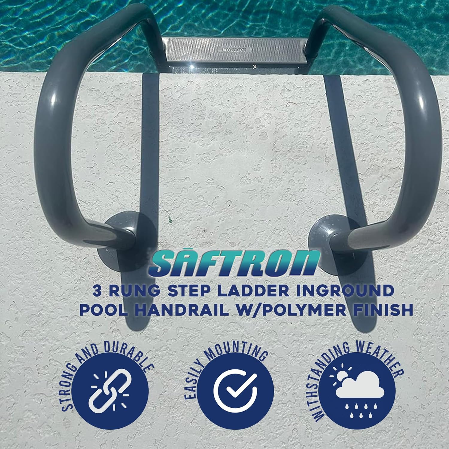 SAFTRON 3 Rung Step Ladder Metal Swimming Pool Handrail with Polymer Coat Finish for Fresh and Saltwater Inground Pool, Graphite Gray