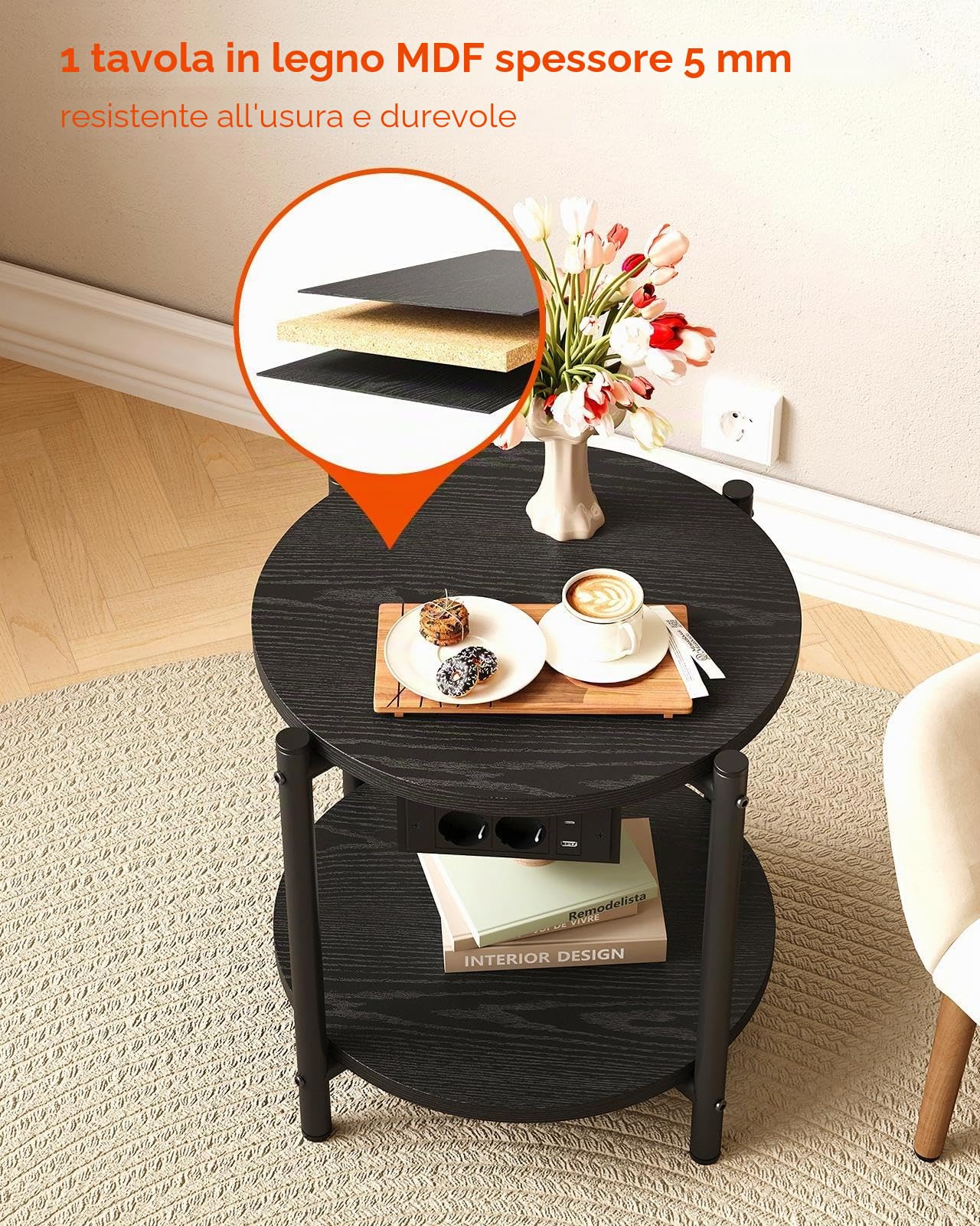 IRONCK Tavolino, Tavolino Rotondo con Multipresa, piccolo tavolino da divano, Tavolino Salotto 2 Ripiani, porta USB e tipo C, Comodino per camera da letto Balcone Patio (Nero, 1 pezzo)