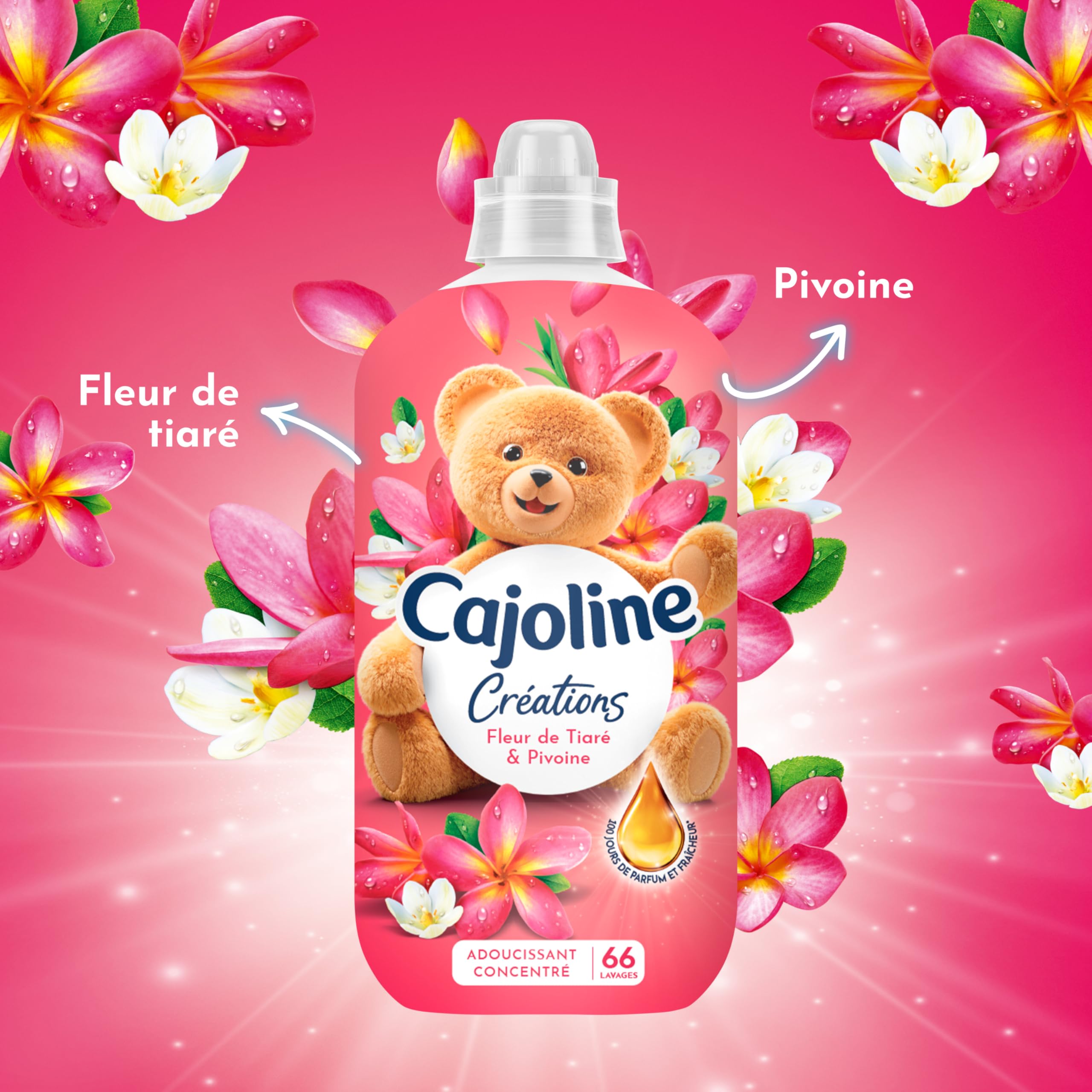 Cajoline Adoucissant linge liquide Fleur de la Tiaré & Pivoine Créations parfum et fraîcheur - 396 lavages -Lot de 6x66 lavages -1,386L