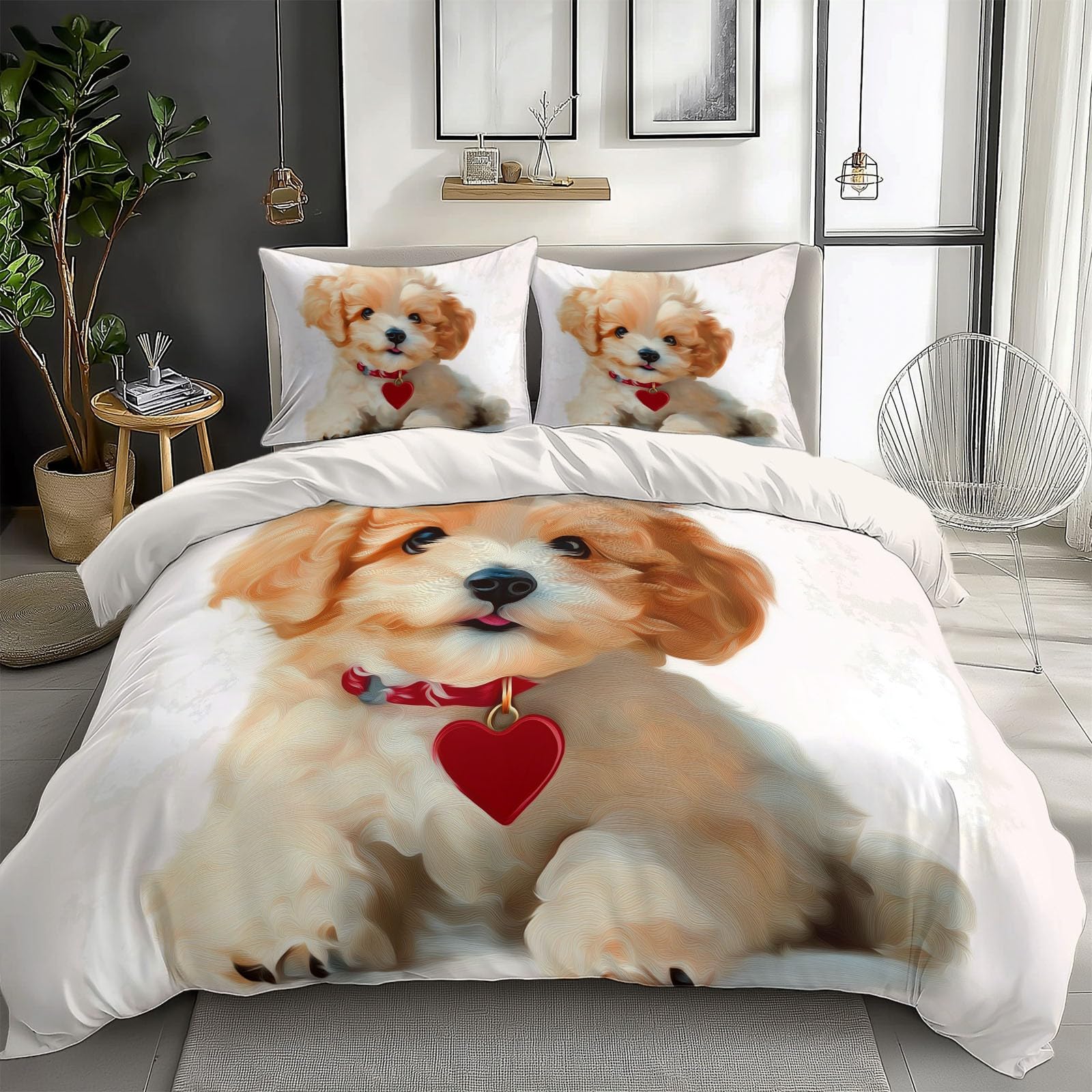 White Duvet Cover Queen Size for Kids Teen Animal Golden Puppy Print Bedding Sets with 2 Pillowcase, Reversible Super Soft Bedroom Decor Bed Cover 3 Piece for Boys Girls