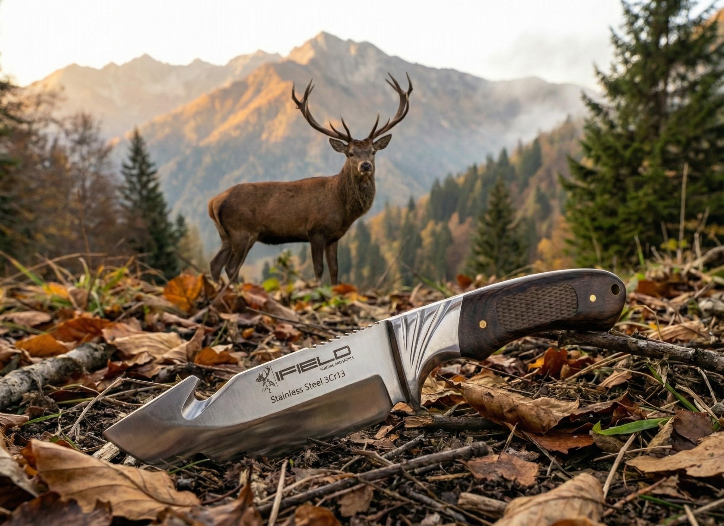 iFIELD Cuchillo desollador Camper EL29015, Mango Stamina Decorada, Hoja Acero INOX de 10,5 cms, Largo Total 22,5 cms, con Funda de Piel, Herramienta de Camping para Pesca, Caza, Actividad Deportiva