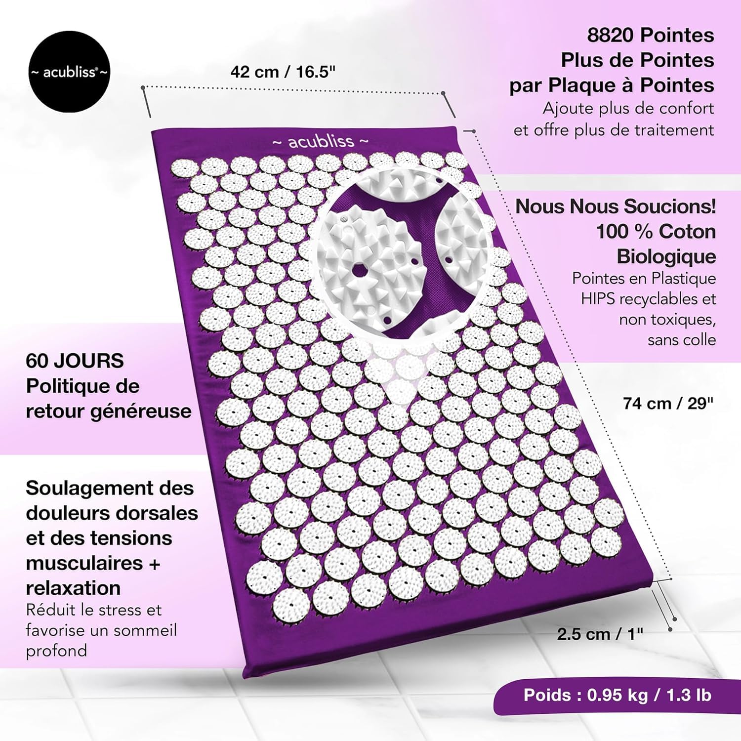 Acupression Tapis, Oreiller et Sangle Ensemble pour Cou et Dos Soulagement Douleur, Augmenter Énergie, Relaxation, Transport Sac, Profond Bleu