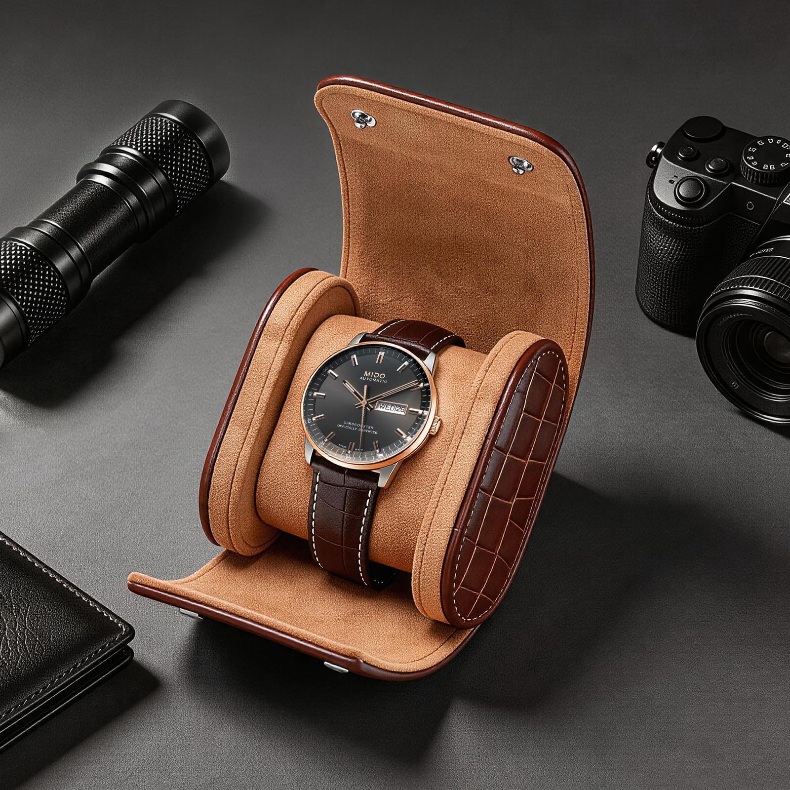 Coffret montres cuir pour 1 montres,Boite a Montre,simili cuir motif crocodile, coffret rangement luxe vintage, idéal pour les anniversaires, Noël, Saint-Valentin - (Brun foncé | 1 Fente)