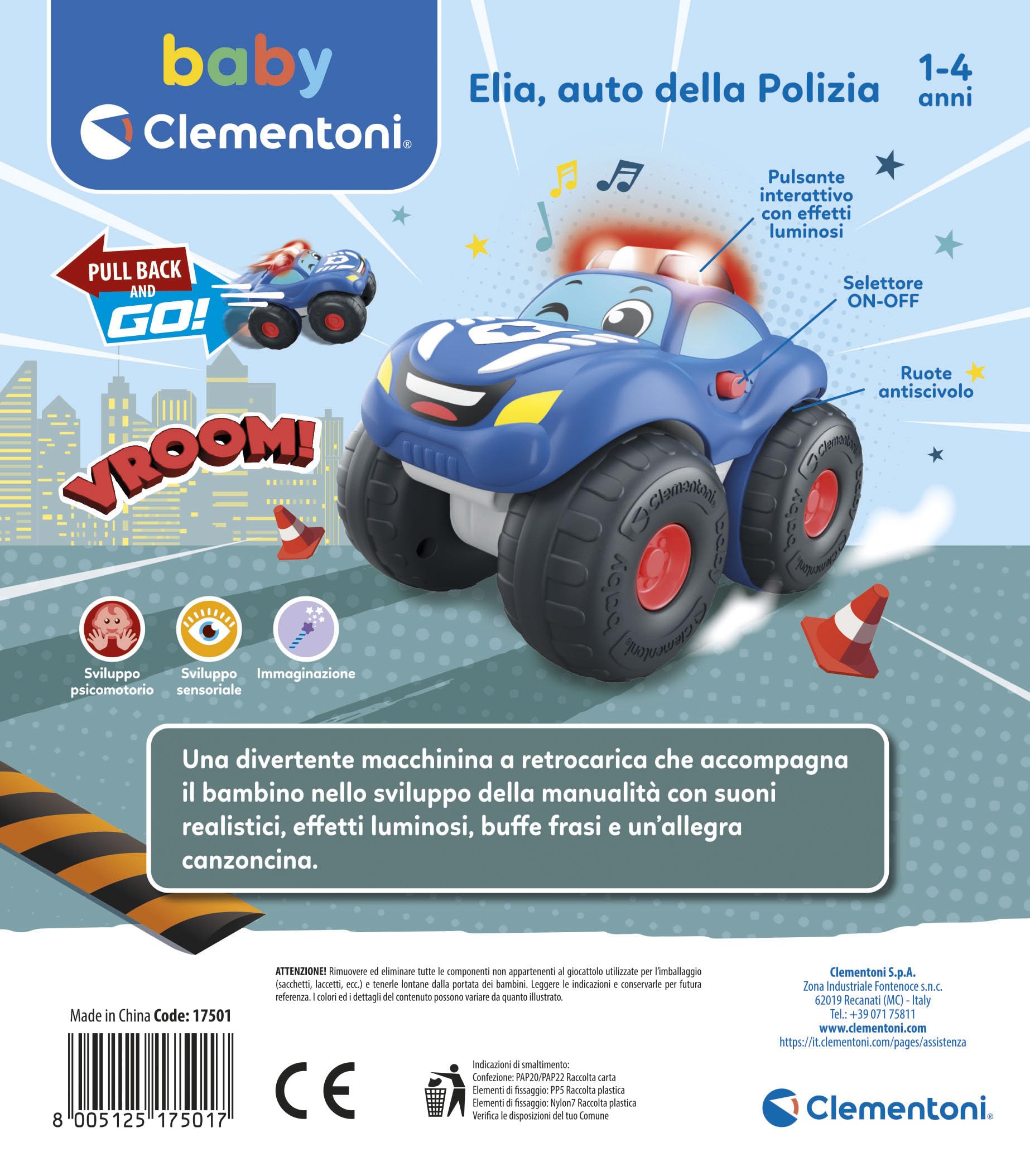 Clementoni Baby Elia Auto della Polizia, Macchinina Bambino 1-4 Anni, Gioco Prima Infanzia, Macchina con Suoni e Sirene, Stimola Manualità, Vista e Udito, Made in Italy, Lingua Italiana, 17501