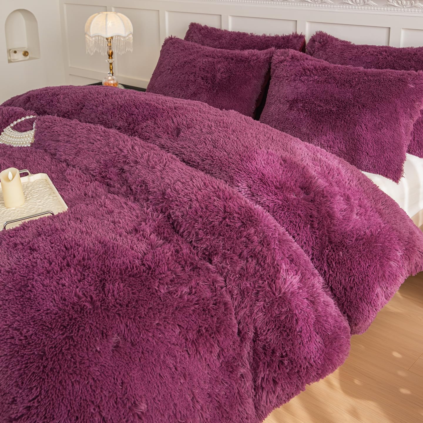 Kids Girls Faux Fur Grape Purple Comforter Sets Twin/Full - 3PC Bed Set Skin Friendly Soft Warm Comfortable Classical Rabbit Plush Velvet Flannel Fluffy Fuzzy Bedding（Comforter x 1 Pillowcases x 2）