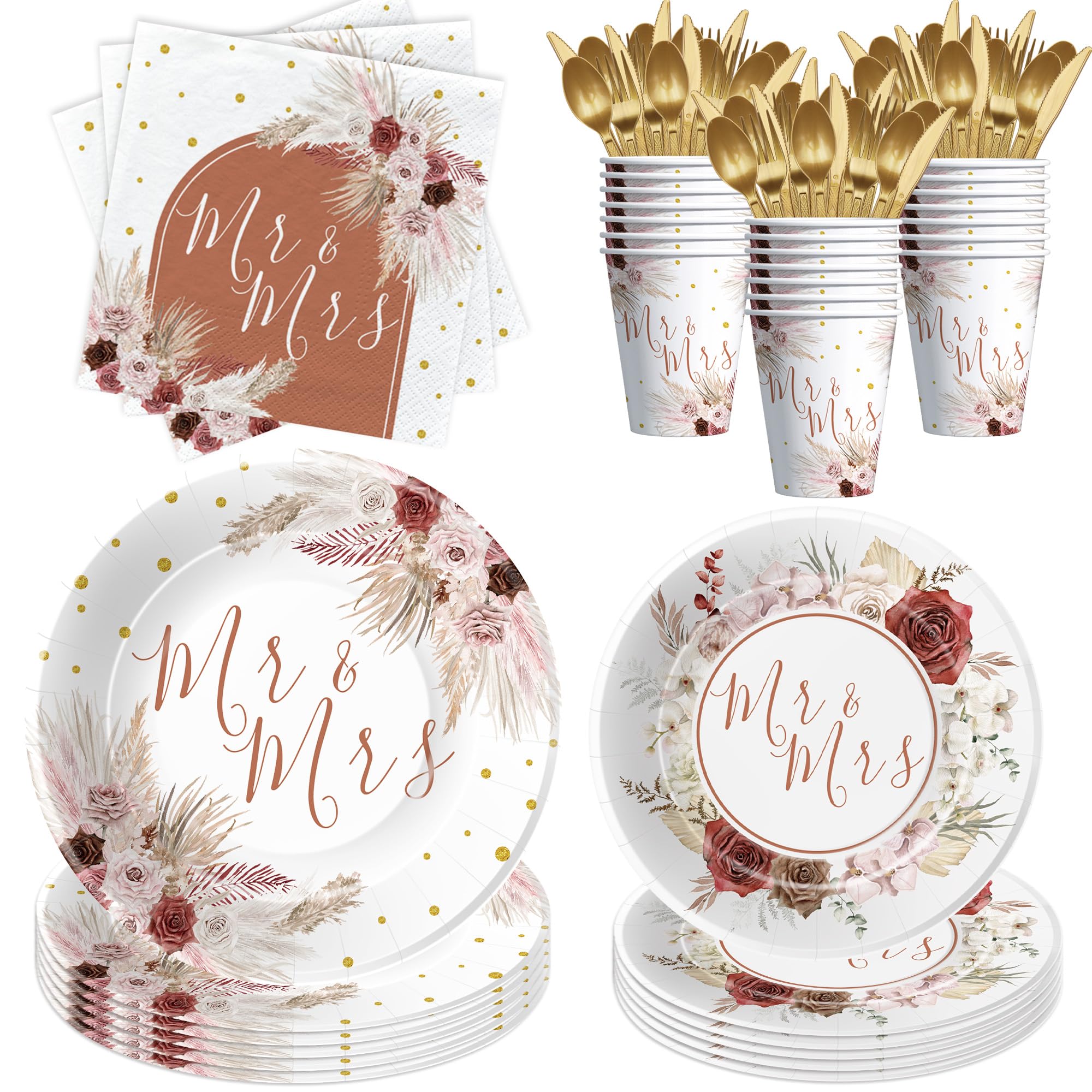 HIPVVILD Mr And Mrs Bridal Shower Decorations Tableware, Mr Mrs Boho Wedding Party Supplies, Paper Plate, Cup, Napkin, Cutlery, Pampas Grass Theme