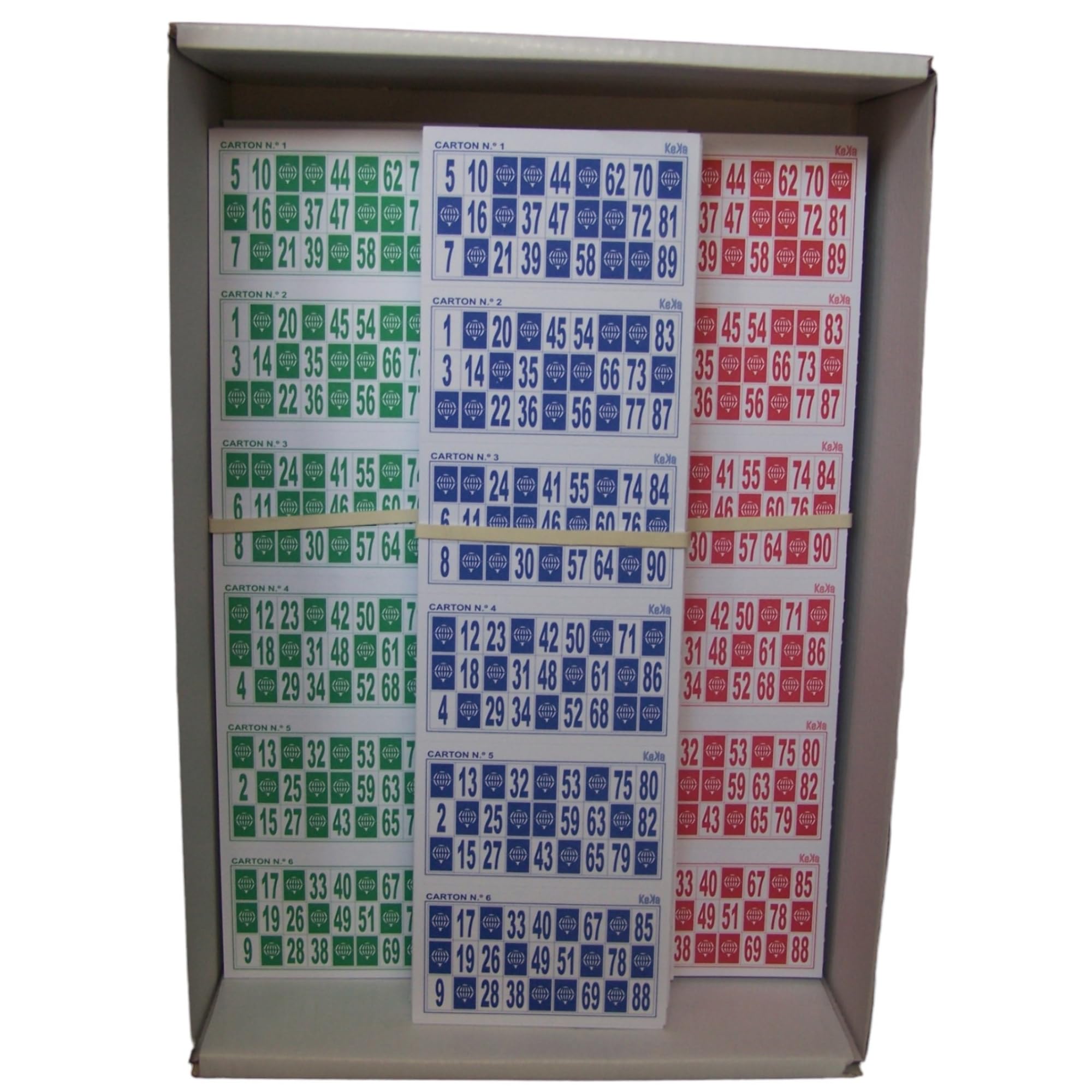 KEKA 3.600 Cartones de Bingo Pack Ahorro!! 2 Series de 600 Azules + 2 Series de 600 Verdes + 2 Series de 600 Rojas (6x600 Tricolor)