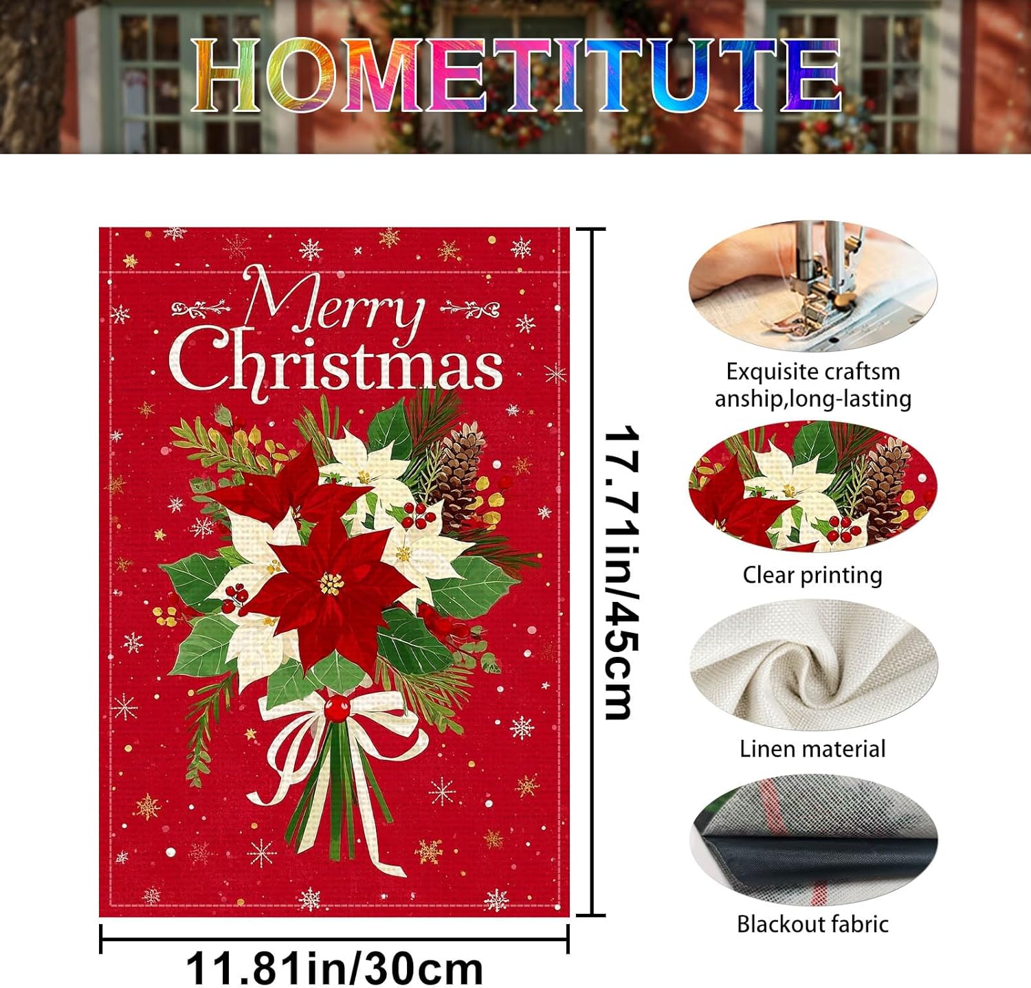 Merry Christmas Poinsettia Garden Flag 12x18 Inch Welcome Garden Flags Burlap Double-Sided Snowflakes Pinecones Holiday Banner Winter Flag for Yard Lawn Decoration - Image 5