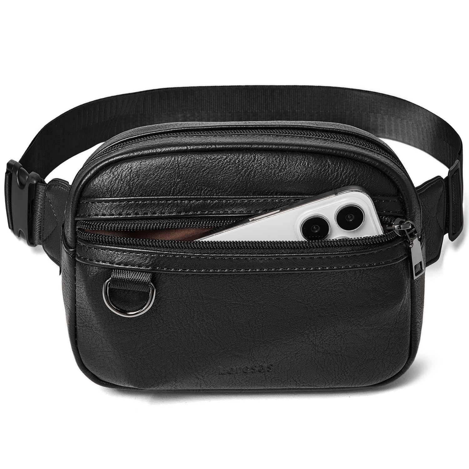 Leresas 2L Fanny Packs for Women Men Corss Body Belt Bag Waist Pack Vegan Leather Trendy Travel Cycling Waterproof Black