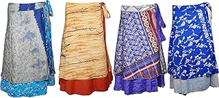 Womens Two Layer Magic Wrap Around Skirt Silk Sari Printed Cover Up Dress Lot of 4