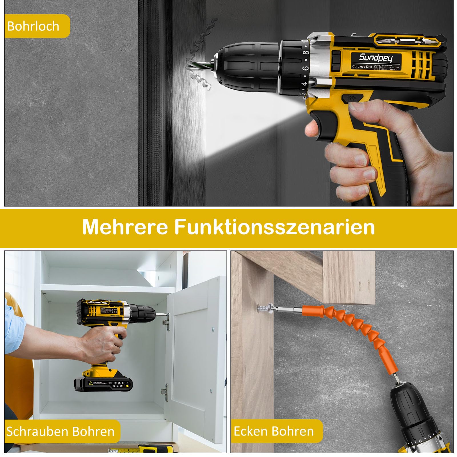 Sundpey Accuschroefboormachine 21 V, set met 2 accu's 2,0 Ah, 45 Nm Max accuboormachine, 2 versnellingen, 18 1 draaimomentniveaus, 10 mm boorhouder, accuboormachine en schroevendraaierset voor thuis