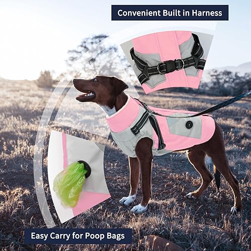 Miniatura 8 de IECOii Abrigo para perro con arnés integrado, grande, impermeable, abrigo de invierno para perro, cremallera trasera, suéter para perros, ropa de