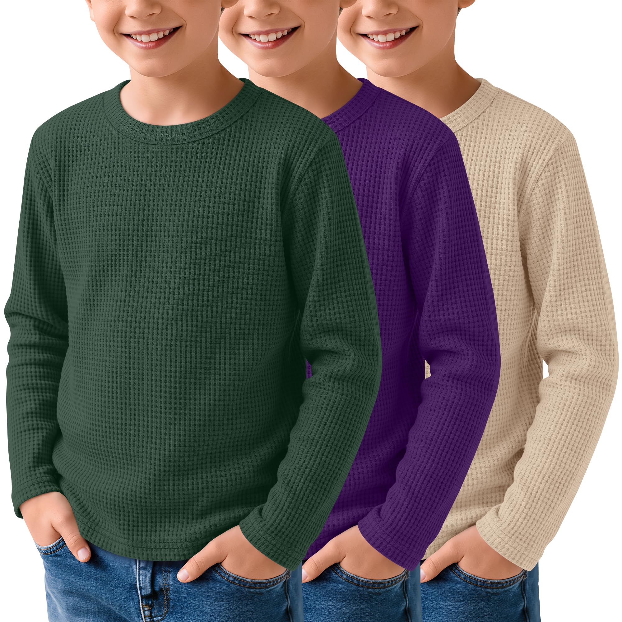 3 Pack Boys Waffle Shirts Kid Long Sleeve Warm Tops