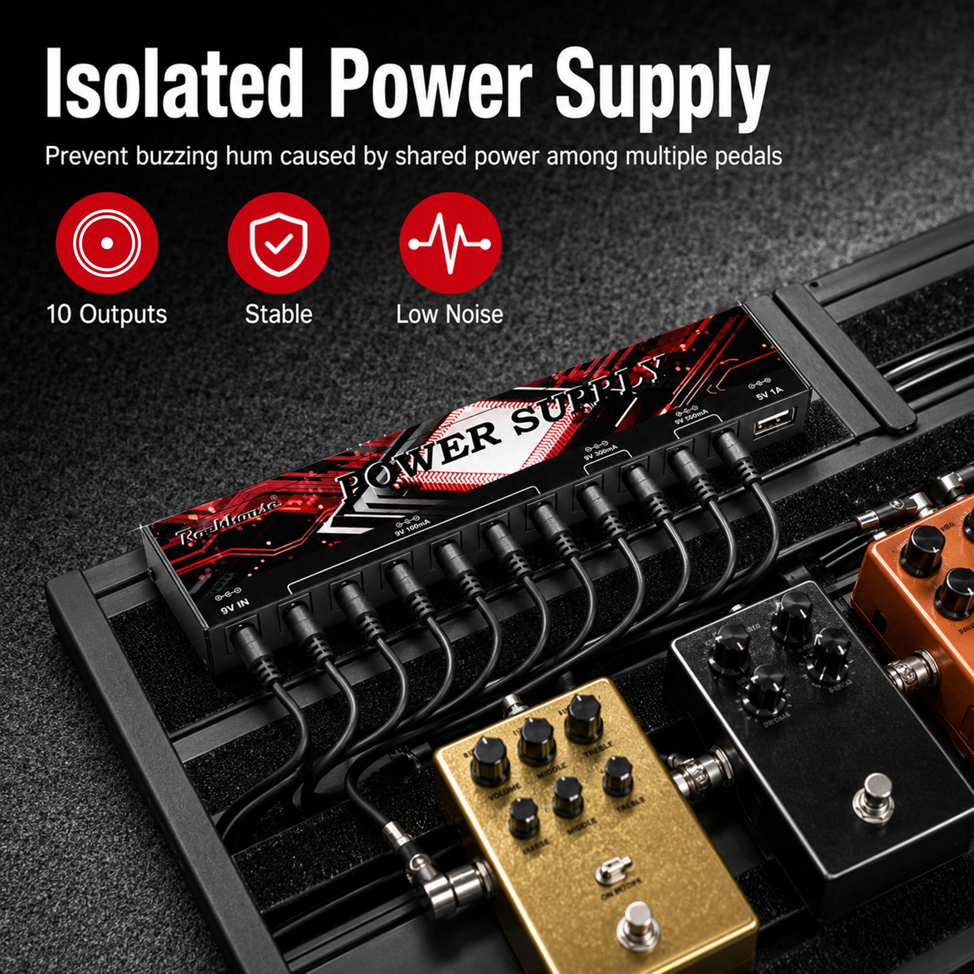 Rockhouse Alimentatore a pedale per chitarra, isolato, 9 V, 100 mA, 300 mA, 500 mA, uscita | Kit completo di alimentazione per effetti chitarra elettrica con cavo DC e adattatore per pedaliera Live Performance